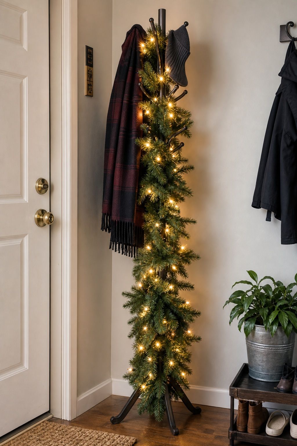 Use a Coat Rack With Greenery and Lights Wrapped Around small apartment idea for Top 17 Small Apartment Christmas Tree Ideas When You Have No Floor Space.