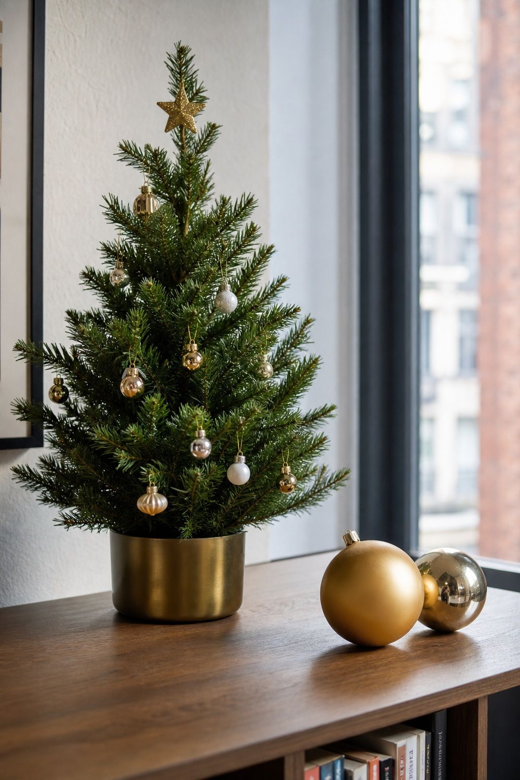 Use Mini Ornaments on Small Trees (Standard Ornaments Look Wrong) small apartment idea for Top 17 Small Apartment Christmas Tree Ideas When You Have No Floor Space.