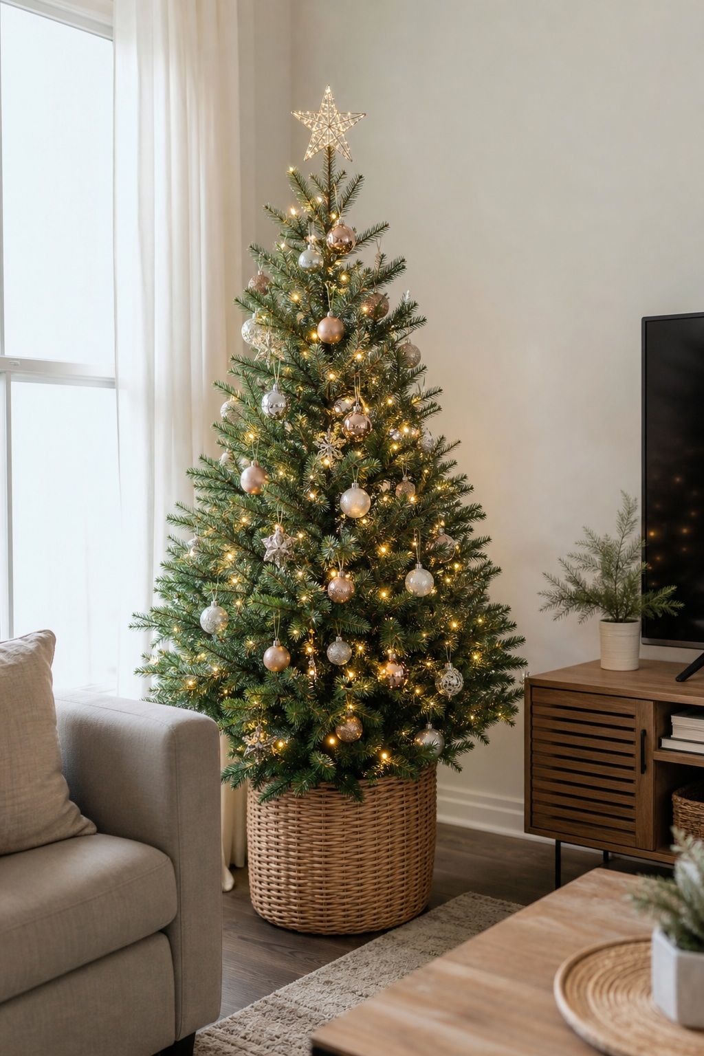 Skip the Skirt and Use a Woven Basket as the Tree Base small apartment idea for Top 17 Small Apartment Christmas Tree Ideas When You Have No Floor Space.