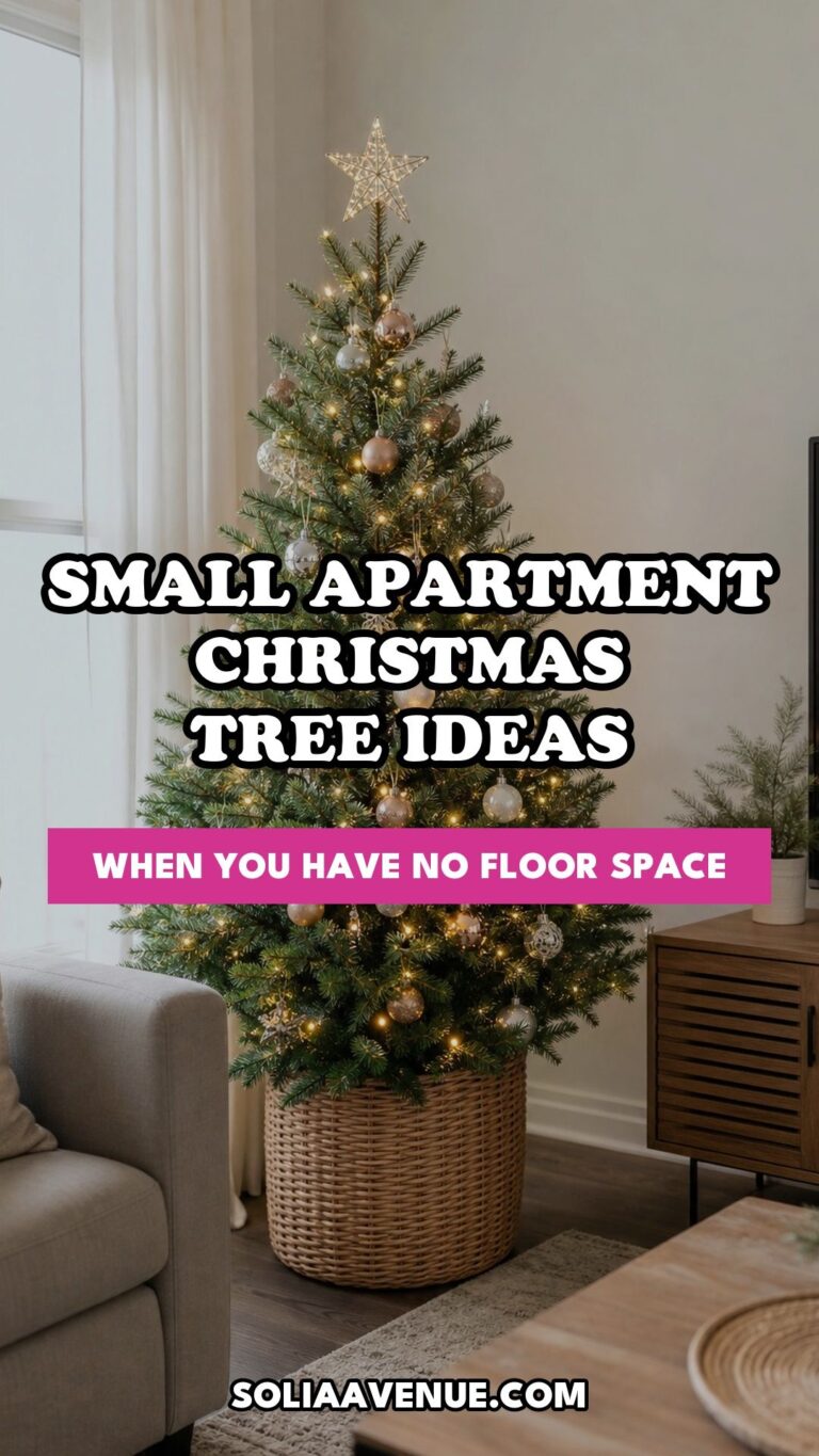 Pinterest pin for Top 17 Small Apartment Christmas Tree Ideas When You Have No Floor Space from Solia Avenue.