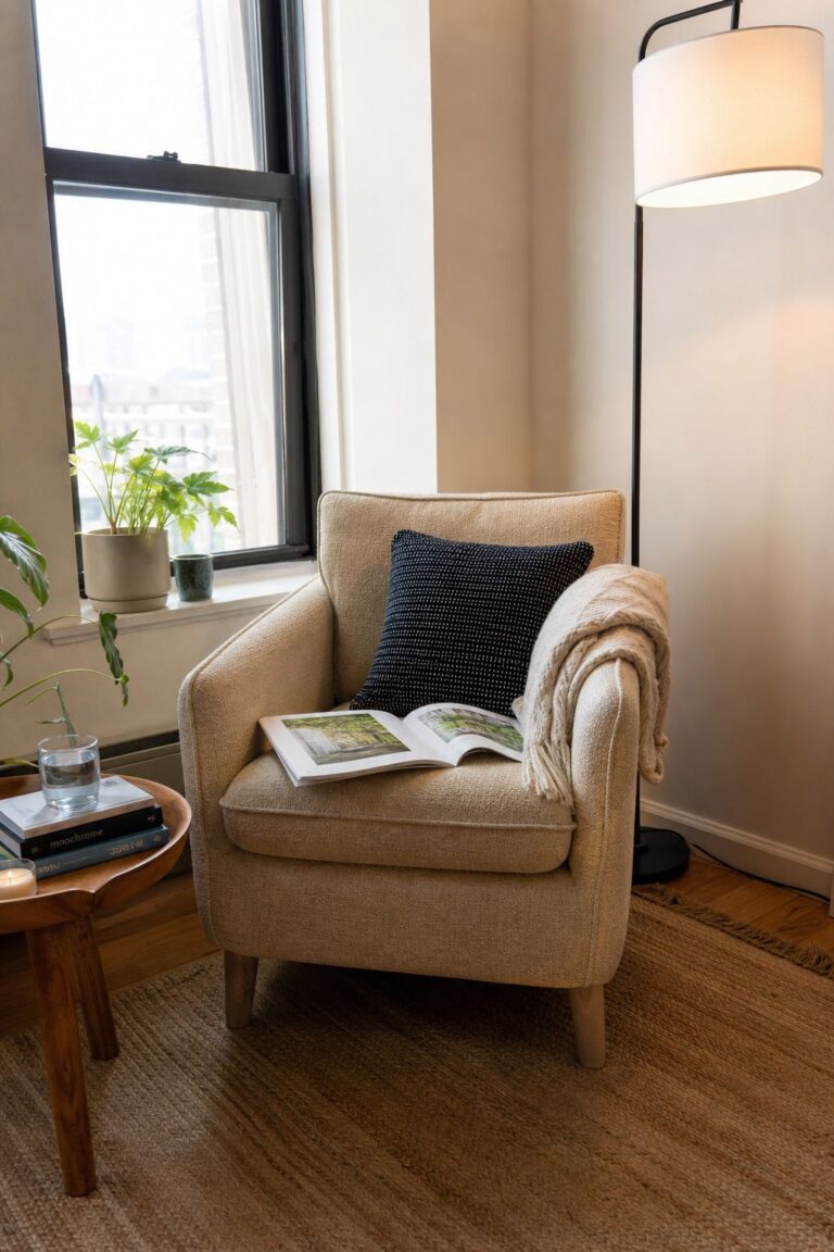 Small Armchair with a Floor Lamp small apartment idea for Top 18 Small Apartment Reading Nook Ideas for Book Lovers.