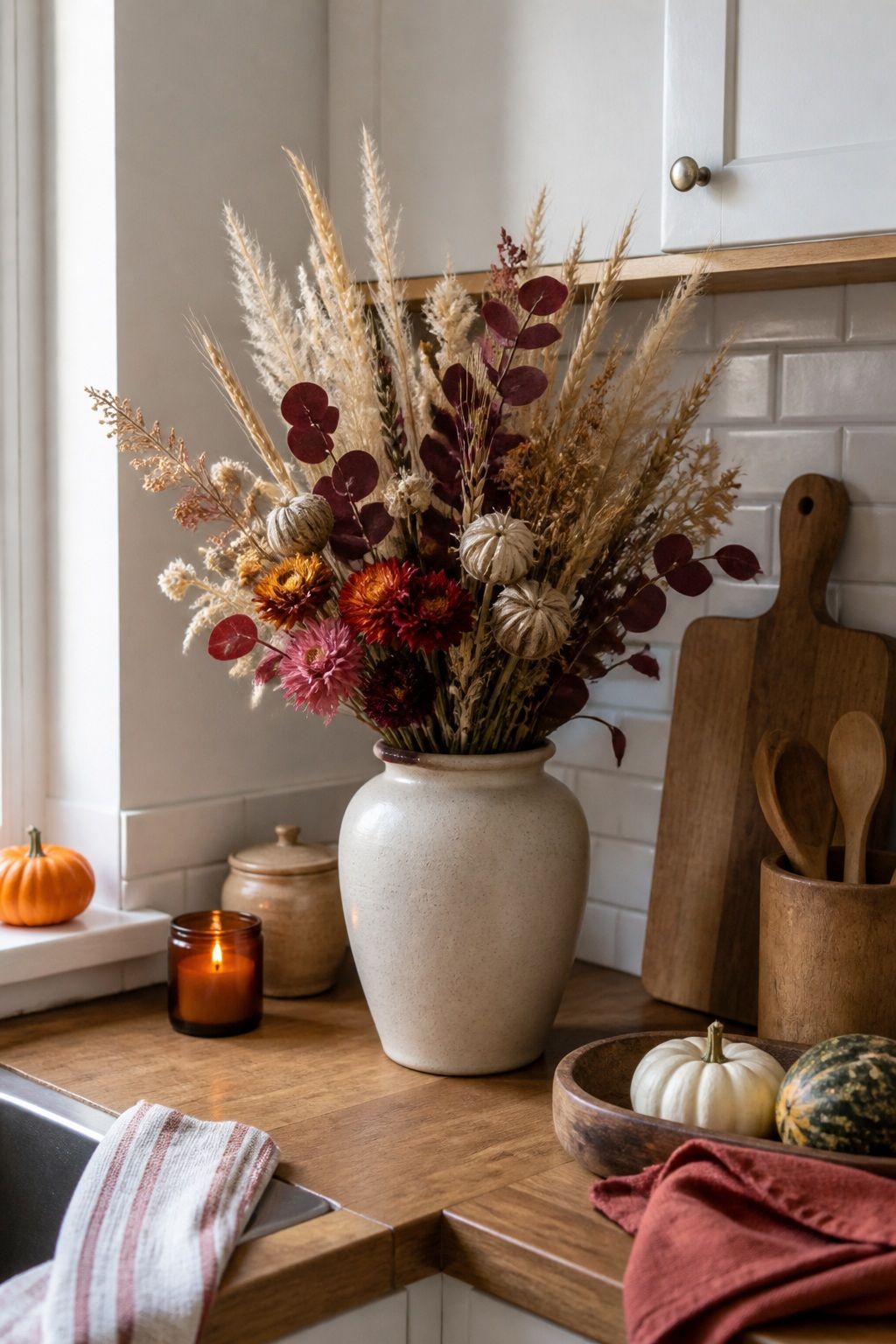Add a Dried-Flower Arrangement small apartment idea for Top 17 Warm Thanksgiving Kitchen Decor Ideas for Small Apartments.