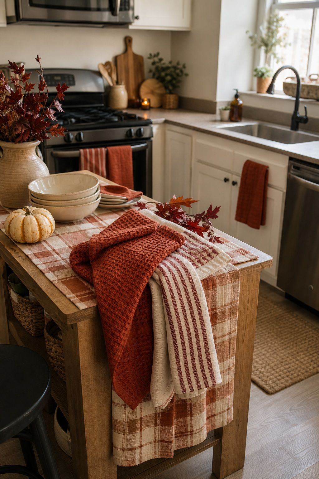 Layer Holiday-Toned Towels and Runners small apartment idea for Top 17 Warm Thanksgiving Kitchen Decor Ideas for Small Apartments.