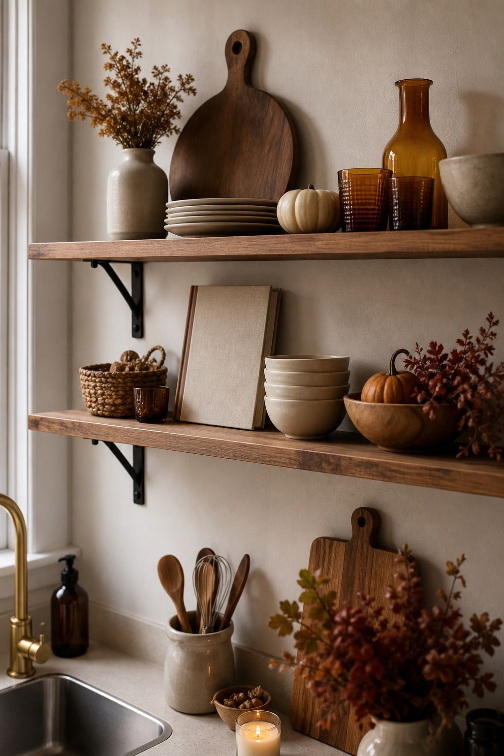 Style Open Shelves With Purpose small apartment idea for Top 17 Warm Thanksgiving Kitchen Decor Ideas for Small Apartments.