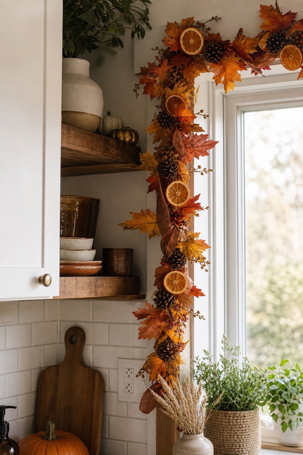Add a Fall Garland to a Shelf or Window small apartment idea for Top 17 Warm Thanksgiving Kitchen Decor Ideas for Small Apartments.