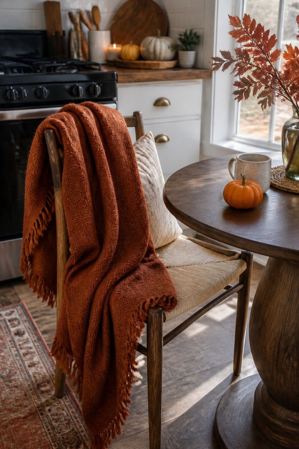 Drape a Throw or Style an Eat-In Chair small apartment idea for Top 17 Warm Thanksgiving Kitchen Decor Ideas for Small Apartments.