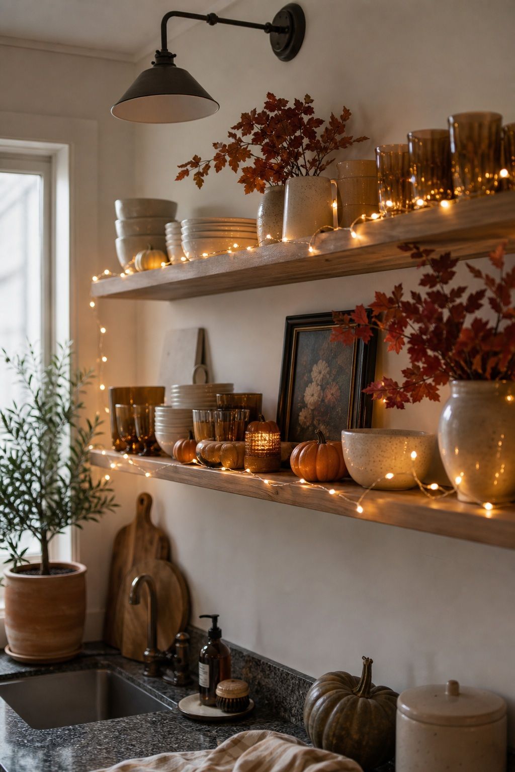 String Micro-Lights on Open Shelves small apartment idea for Top 17 Warm Thanksgiving Kitchen Decor Ideas for Small Apartments.