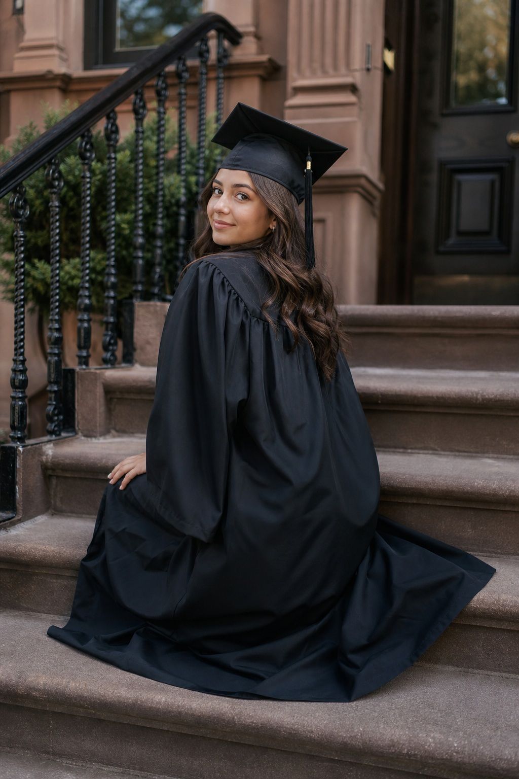 Sit on a Staircase and Look Back Over Your Shoulder small apartment idea for Top 16 Graduation Poses to Make Your Photos Unforgettable.