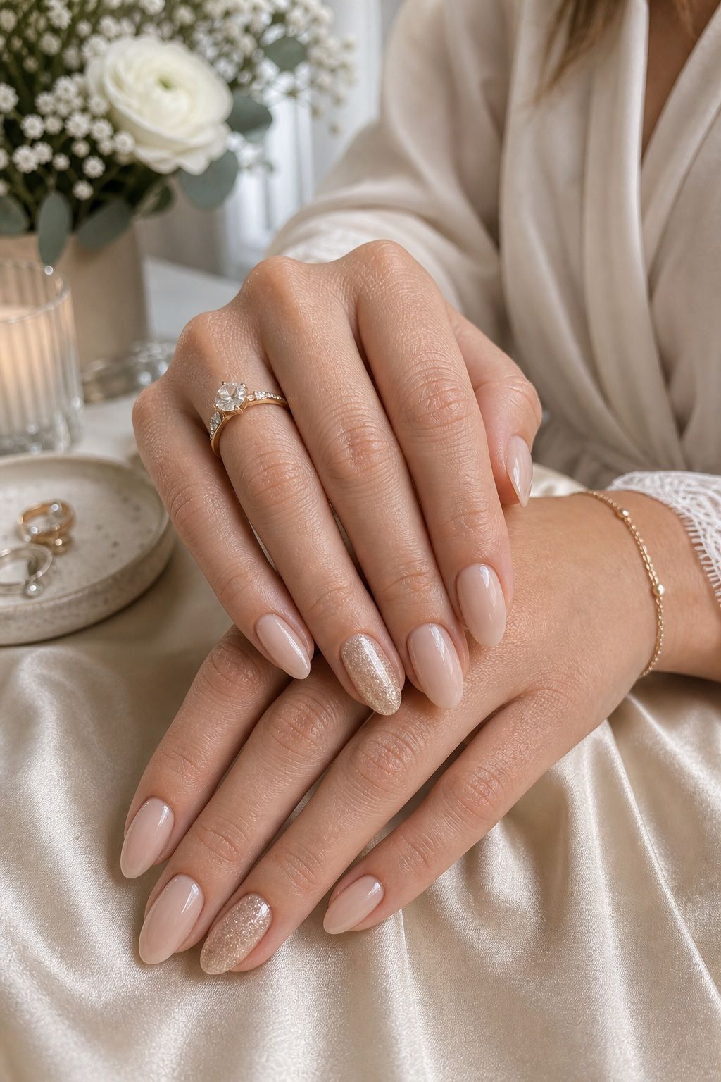 Champagne Sparkle Accent small apartment idea for Top 17 Glamorous Winter Wedding Nail Ideas for Every Bride.