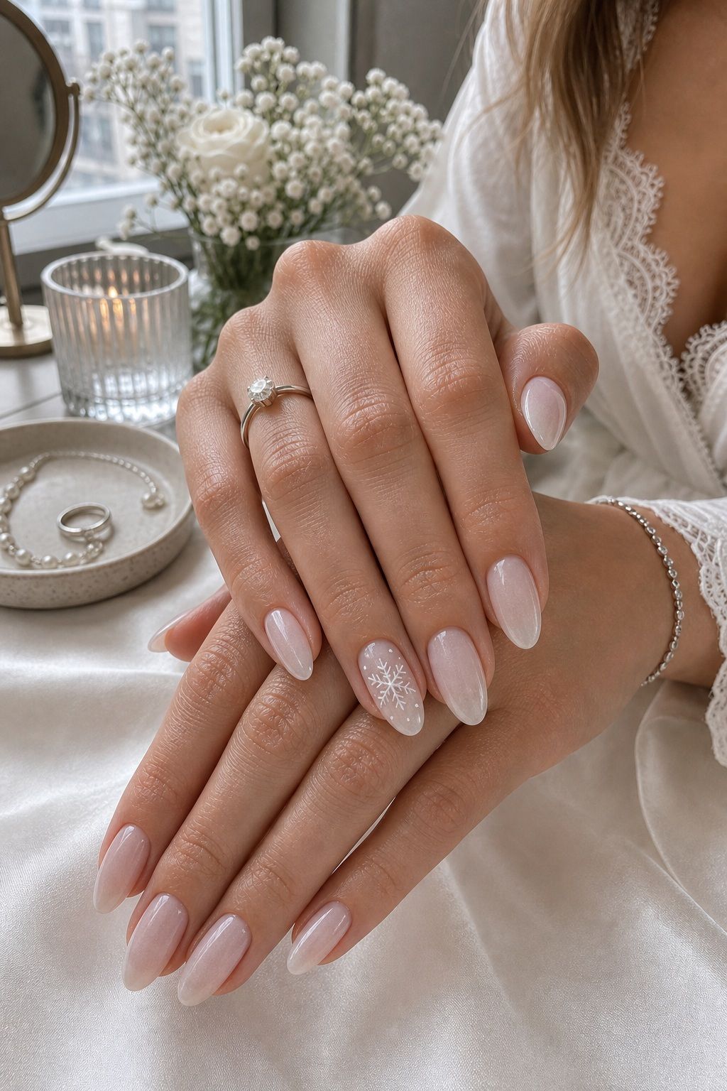 Snowflake Decal Accent small apartment idea for Top 17 Glamorous Winter Wedding Nail Ideas for Every Bride.