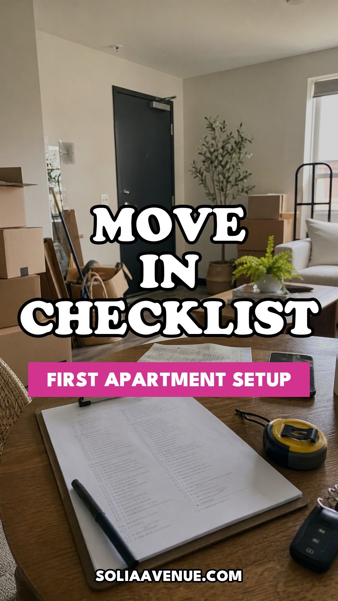 Pinterest pin for Apartment Move-In Checklist: Room-by-Room Setup for Day One from Solia Avenue.