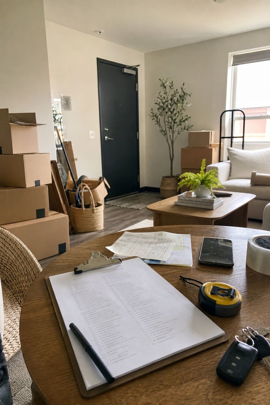 1 Week Before: Pre-Move Preparation apartment move-in checklist setup in a small apartment.