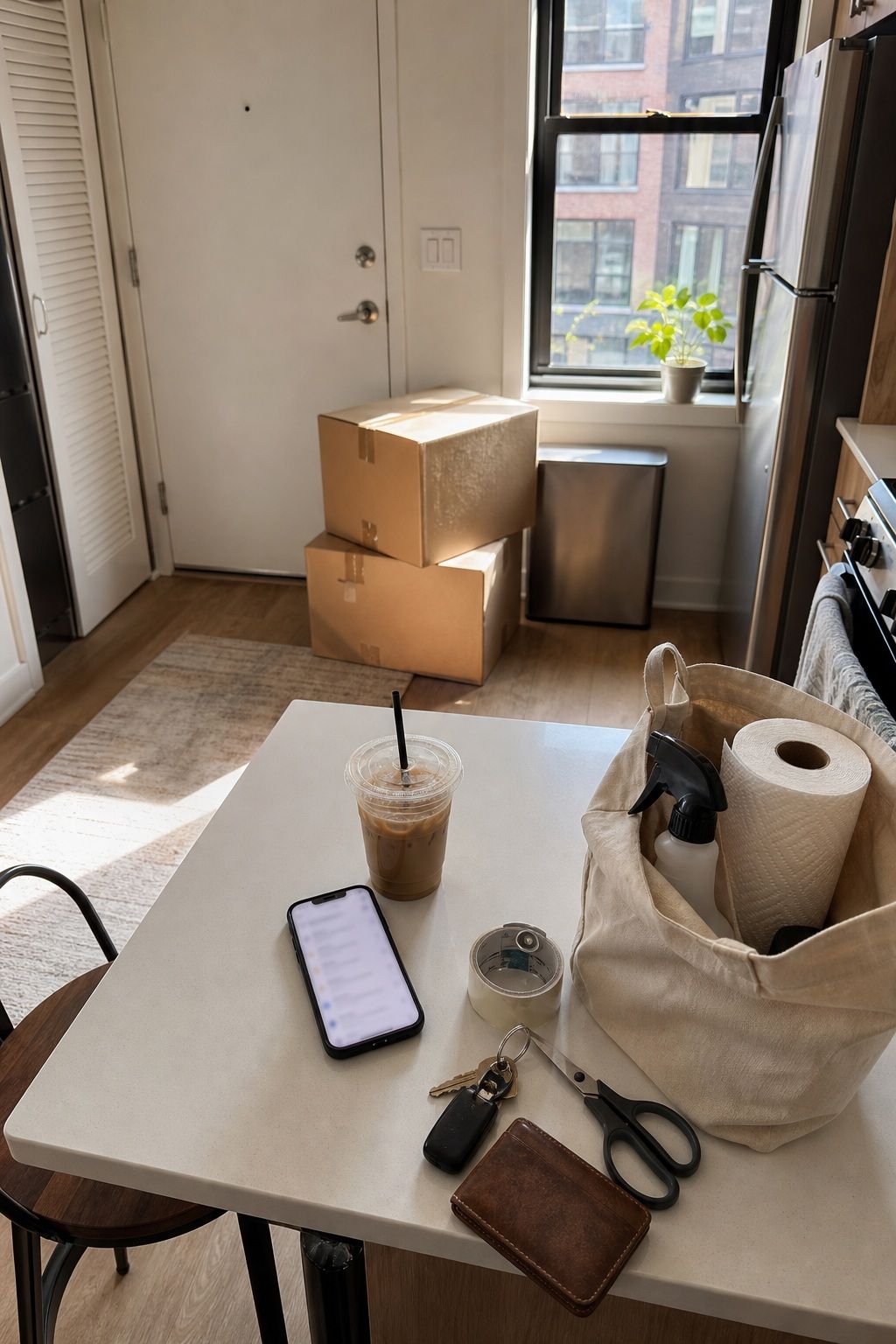 Move-In Day Morning: Last-Minute Prep apartment move-in checklist setup in a small apartment.