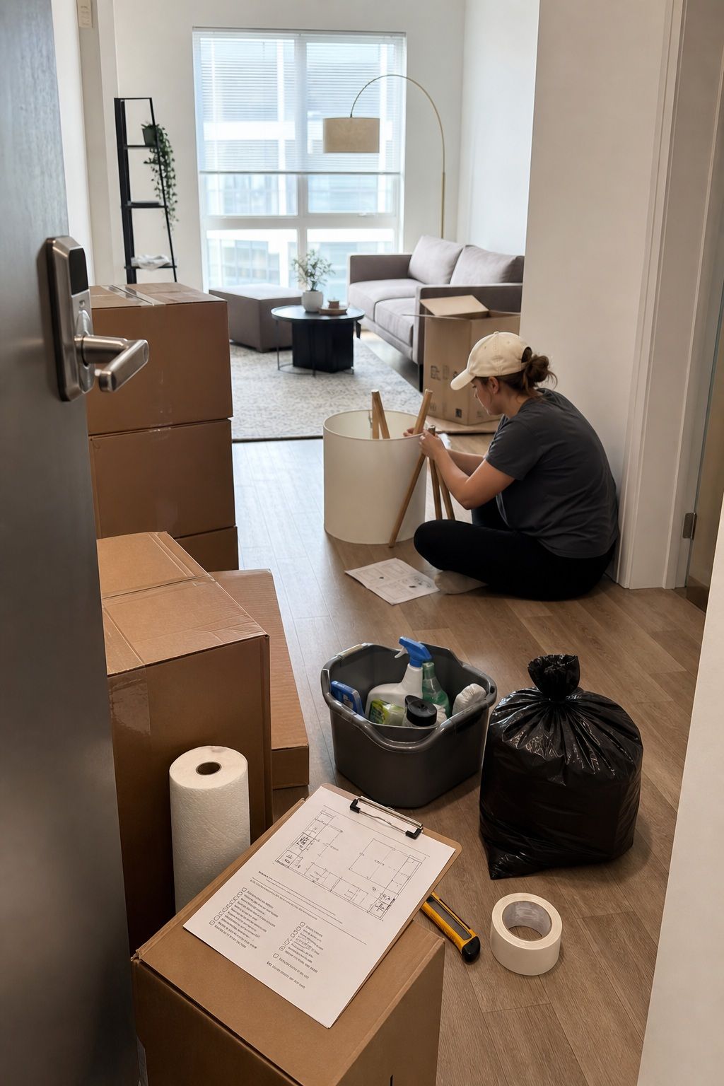 Arrival and First Tasks (Hours 1 to 4) apartment move-in checklist setup in a small apartment.