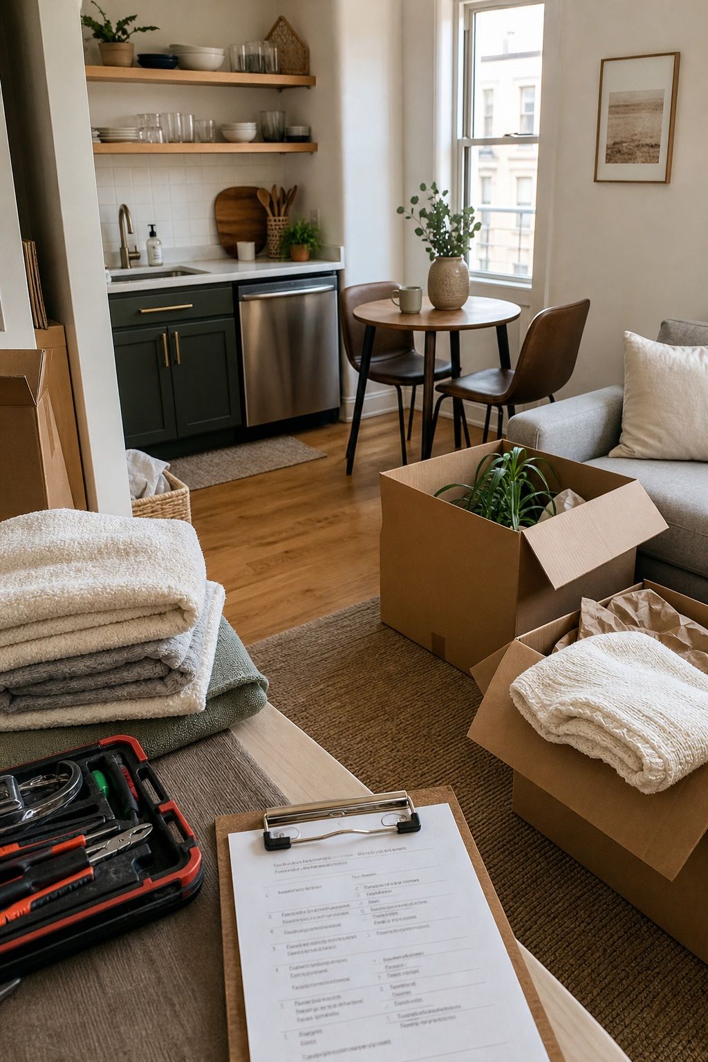 First Week: Room-by-Room Build-Out apartment move-in checklist setup in a small apartment.