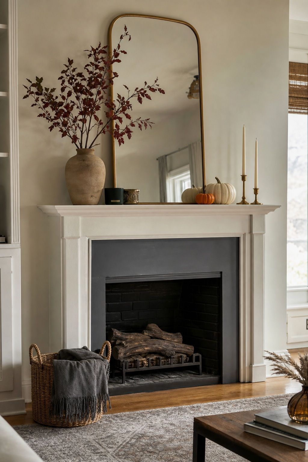 Layer a Mantel With Three Heights of Elements small apartment idea for Top 18 Autumn Decor for Fireplaces in Small Spaces.