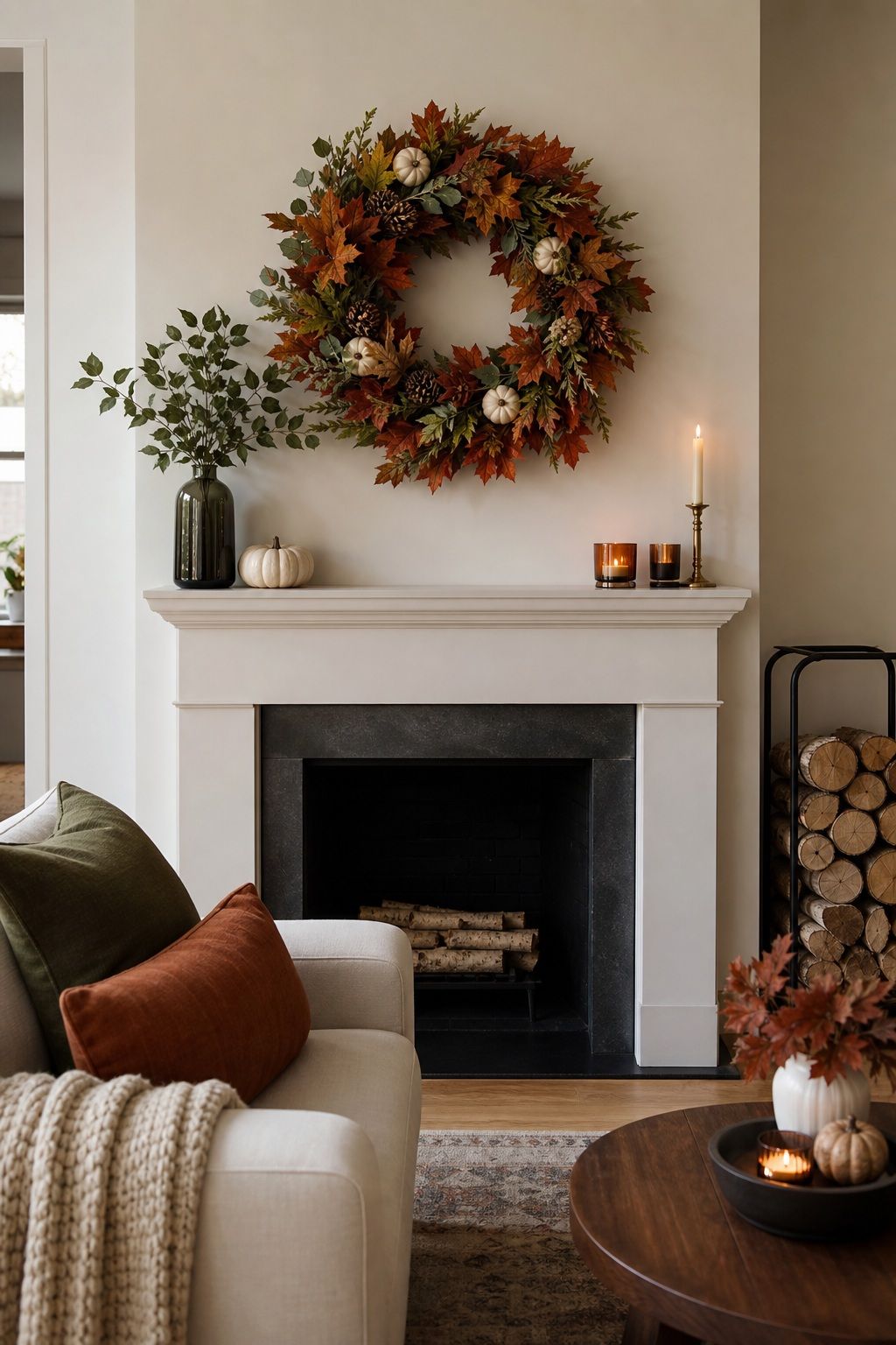 Hang a Statement Wreath as the Mantel Anchor small apartment idea for Top 18 Autumn Decor for Fireplaces in Small Spaces.