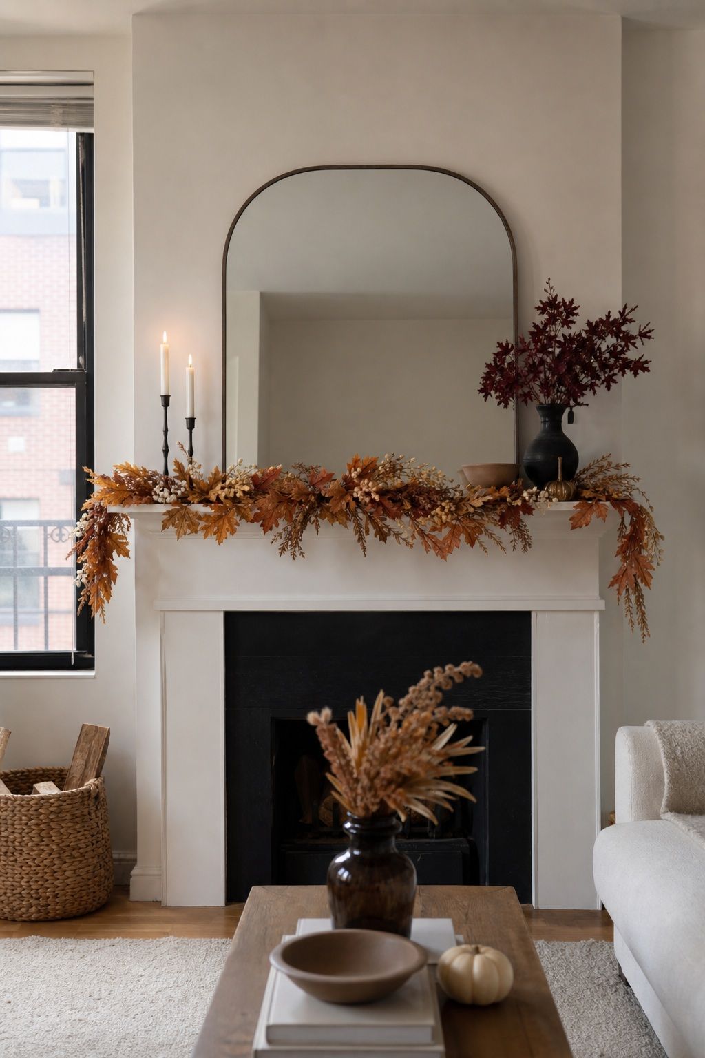 Drape a Garland Across the Top of the Mantel small apartment idea for Top 18 Autumn Decor for Fireplaces in Small Spaces.