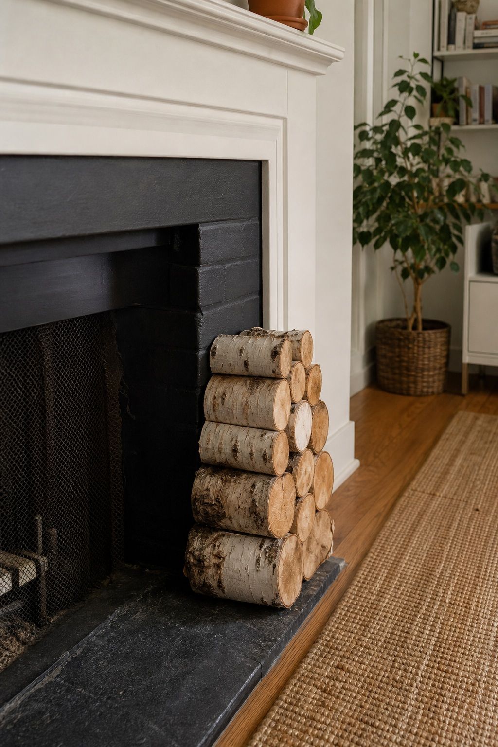 Stack Birch Logs Beside the Fireplace Opening small apartment idea for Top 18 Autumn Decor for Fireplaces in Small Spaces.