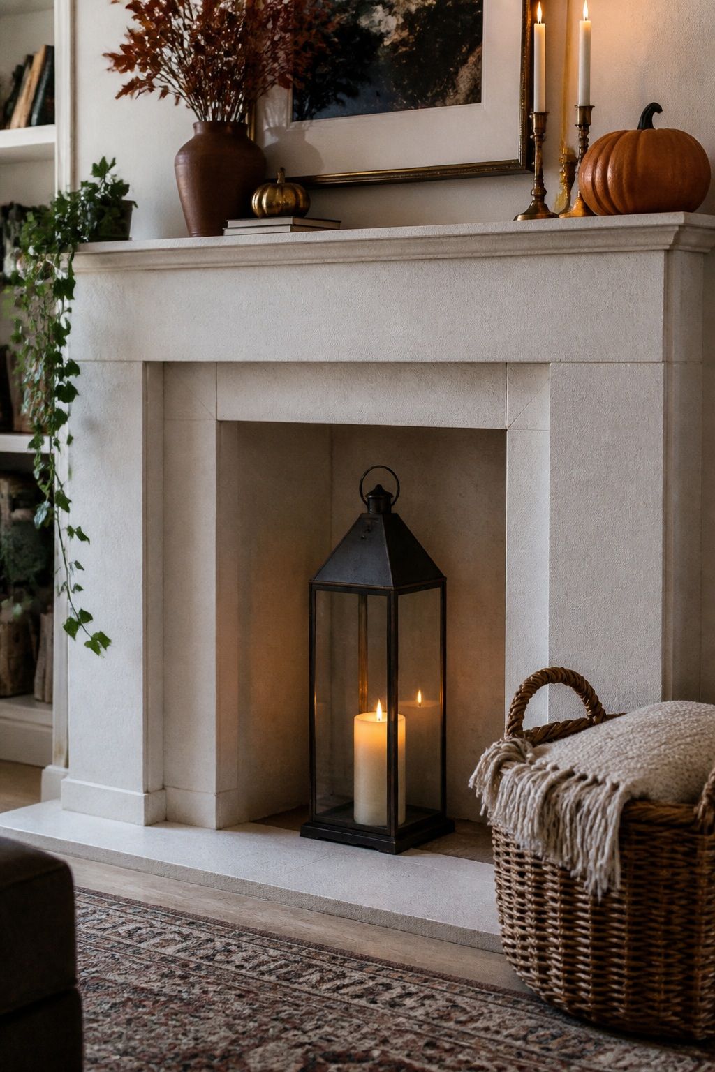 Place a Tall Lantern in the Hearth Opening small apartment idea for Top 18 Autumn Decor for Fireplaces in Small Spaces.