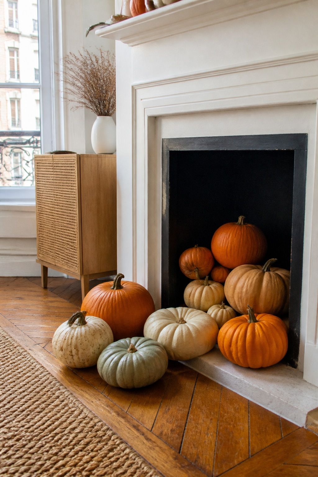 Cluster Pumpkins in the Hearth or Floor Beside small apartment idea for Top 18 Autumn Decor for Fireplaces in Small Spaces.