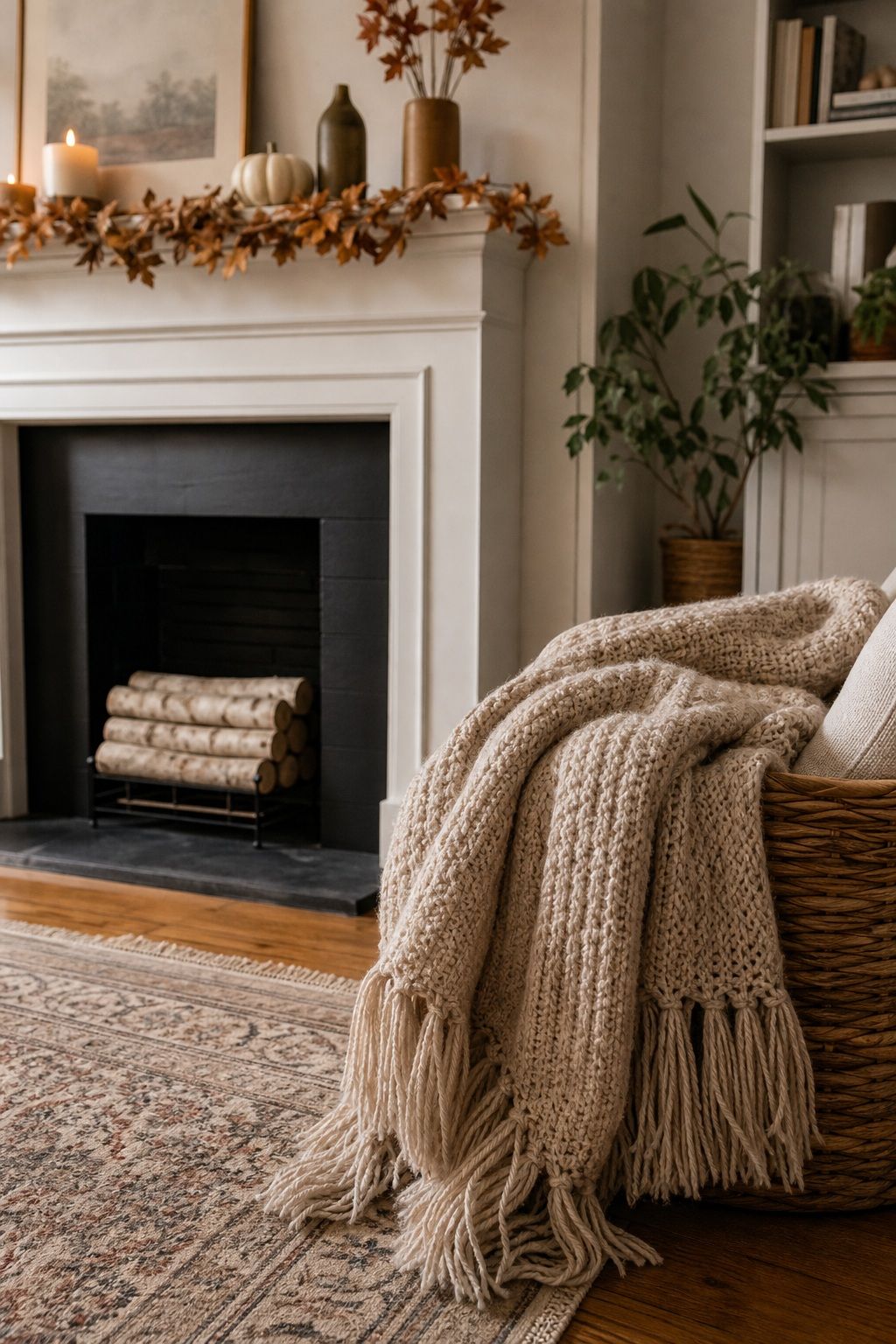 Layer a Cozy Throw Blanket Nearby small apartment idea for Top 18 Autumn Decor for Fireplaces in Small Spaces.