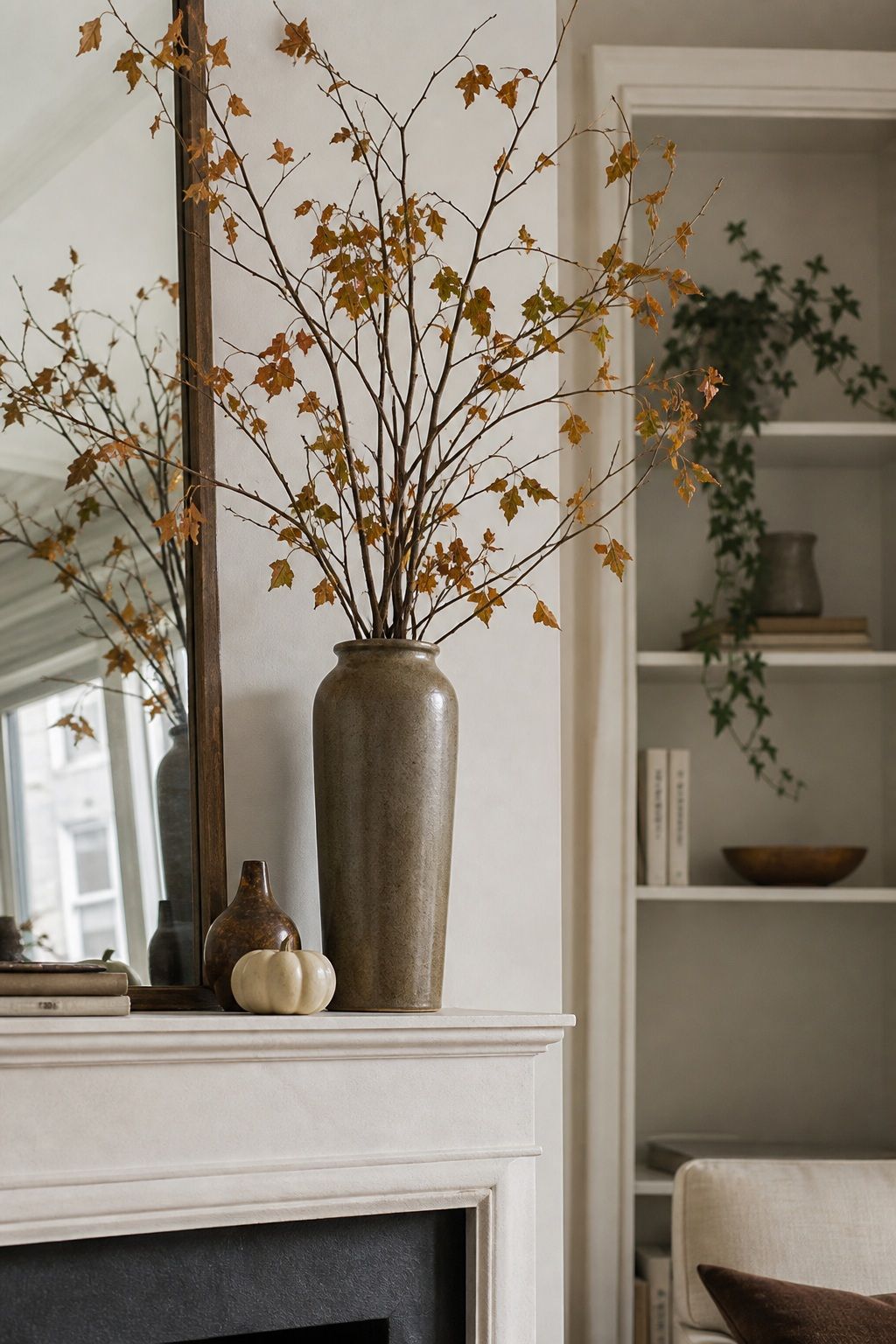 Add Foraged Branches in a Tall Mantel Vase small apartment idea for Top 18 Autumn Decor for Fireplaces in Small Spaces.