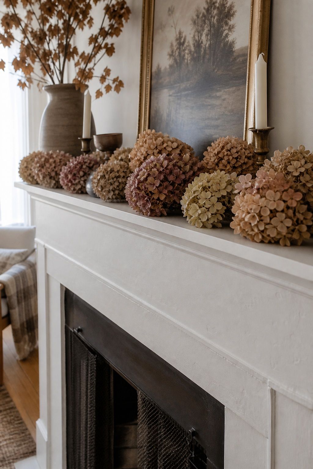 Place Dried Hydrangea Heads Along the Mantel small apartment idea for Top 18 Autumn Decor for Fireplaces in Small Spaces.