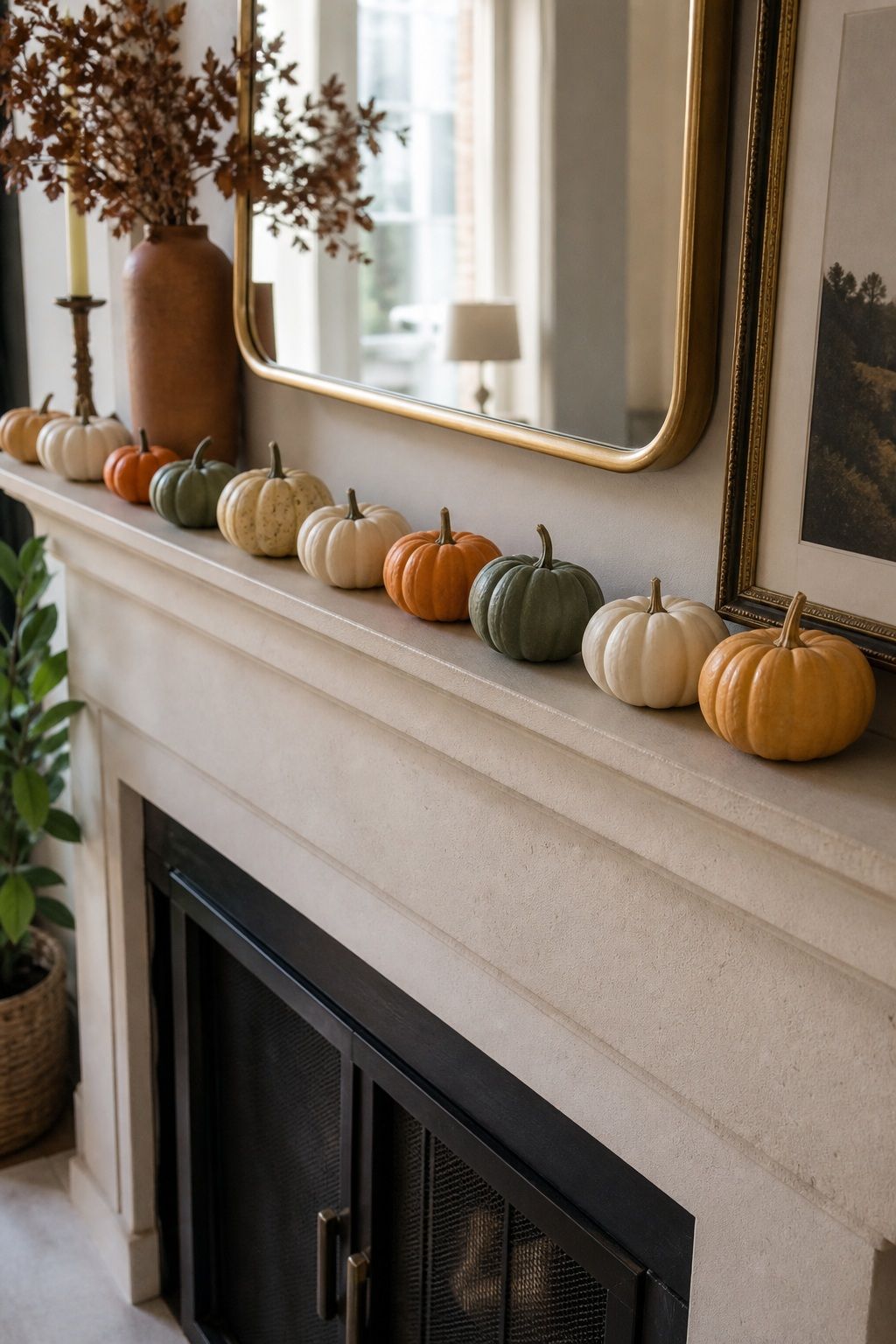 Add Mini Pumpkins Along the Mantel Edge small apartment idea for Top 18 Autumn Decor for Fireplaces in Small Spaces.