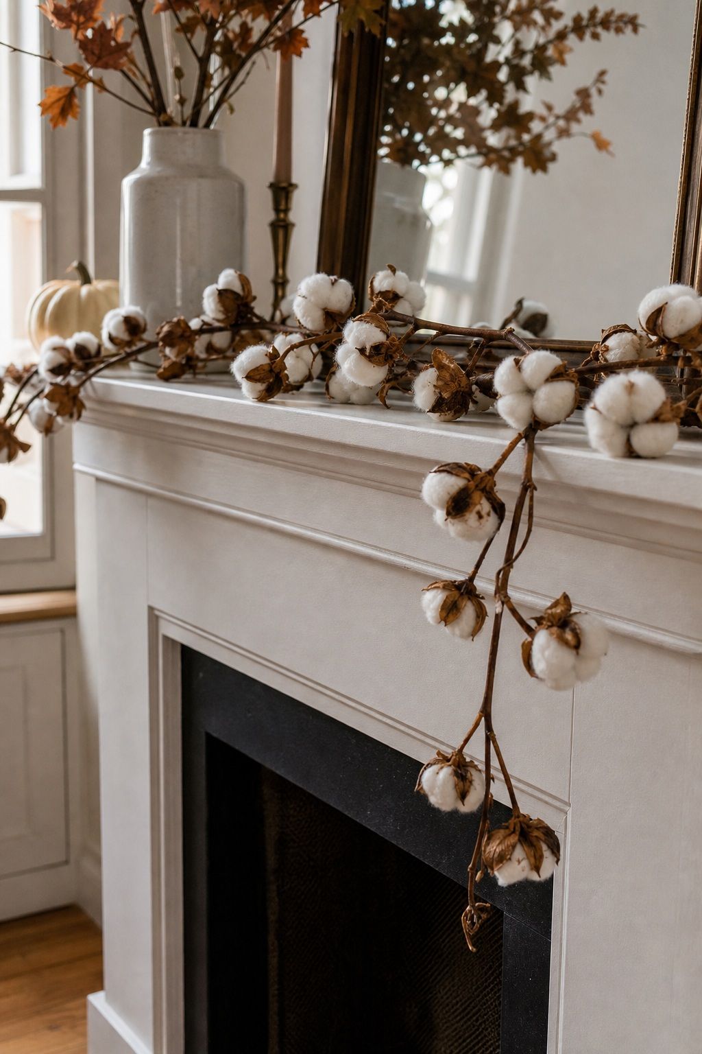 Drape Cotton Bolls or Dried Cotton Stems small apartment idea for Top 18 Autumn Decor for Fireplaces in Small Spaces.