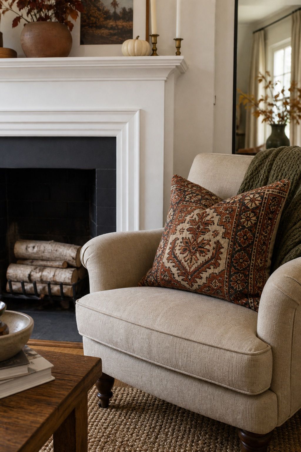 Add a Patterned Throw Pillow on a Nearby Chair small apartment idea for Top 18 Autumn Decor for Fireplaces in Small Spaces.