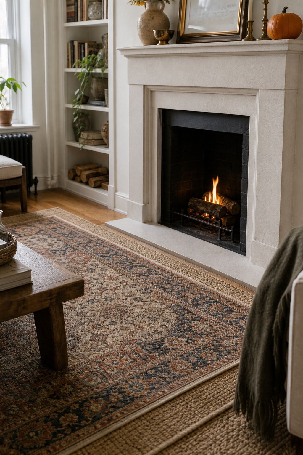 Layer a Patterned Rug Underfoot small apartment idea for Top 18 Autumn Decor for Fireplaces in Small Spaces.