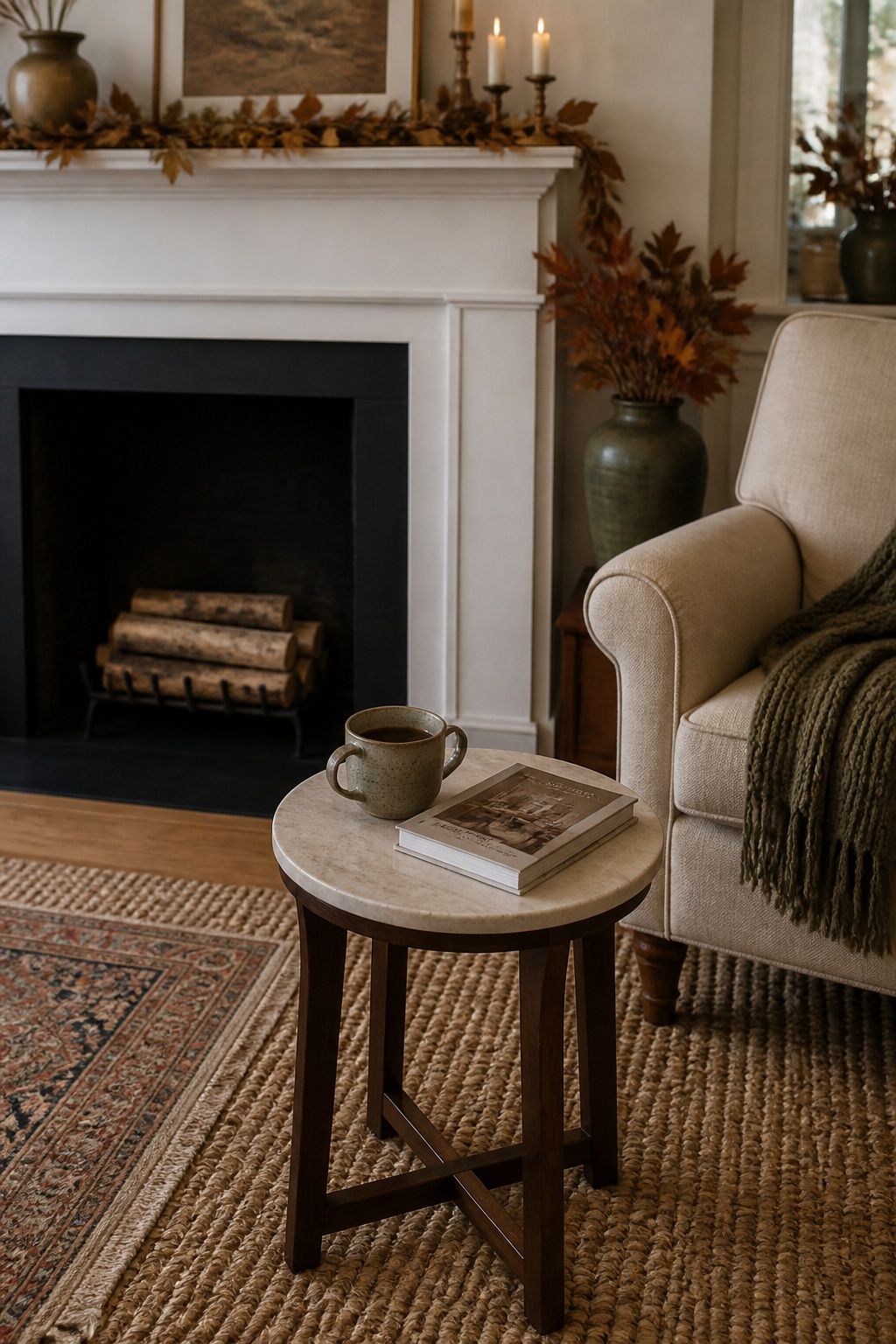 Place a Small Side Table for Coffee or Books small apartment idea for Top 18 Autumn Decor for Fireplaces in Small Spaces.