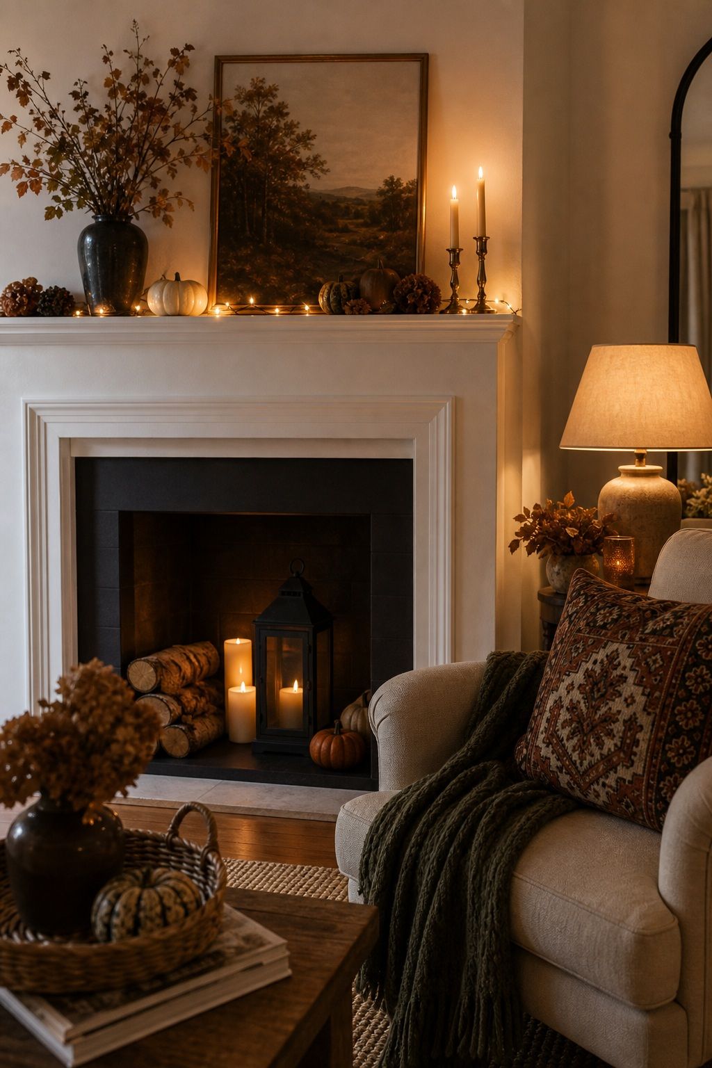 End the Styling With Soft Ambient Lighting small apartment idea for Top 18 Autumn Decor for Fireplaces in Small Spaces.