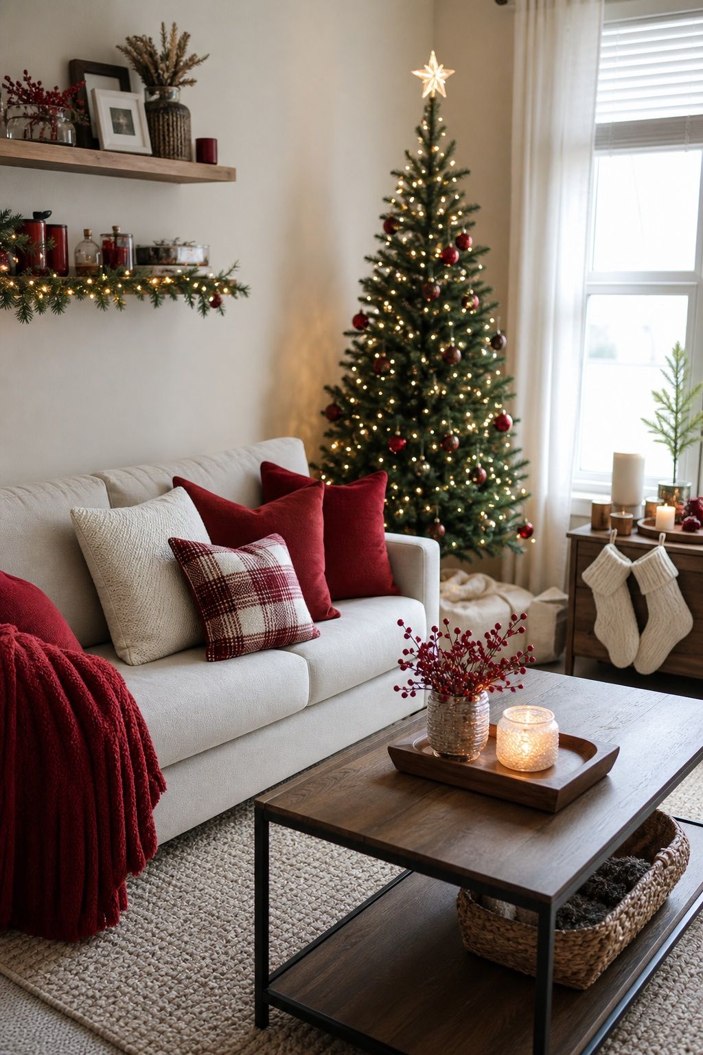 Choose One or Two Colors and Commit small apartment idea for Top 19 Christmas Decor Ideas for the Living Room in Small Apartments.