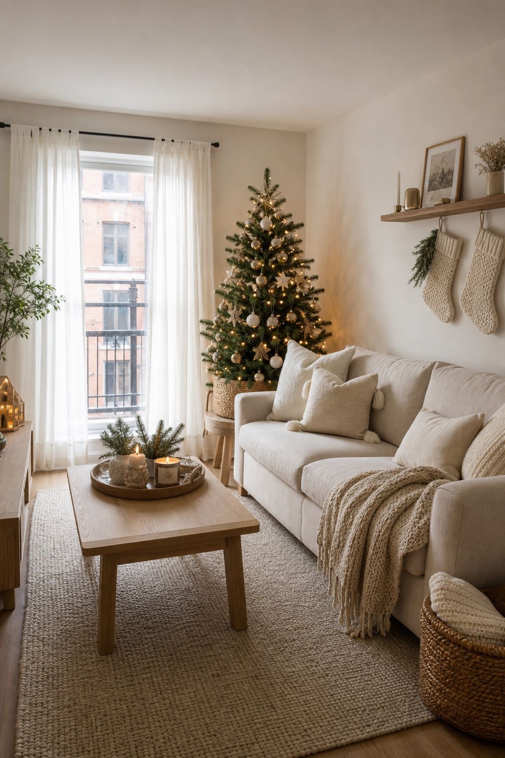 Keep Most of the Room Neutral small apartment idea for Top 19 Christmas Decor Ideas for the Living Room in Small Apartments.