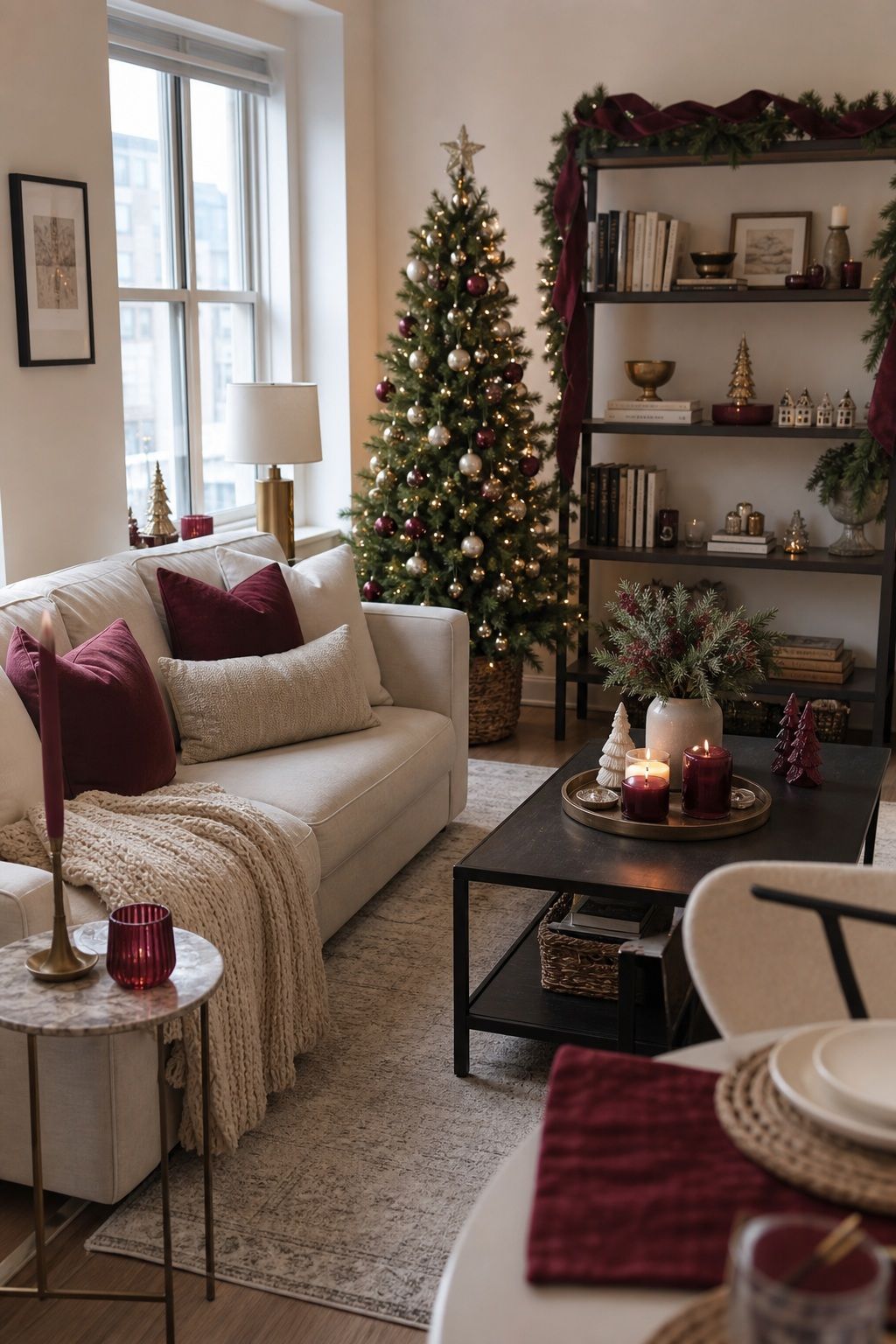 Repeat the Palette in Every Zone small apartment idea for Top 19 Christmas Decor Ideas for the Living Room in Small Apartments.