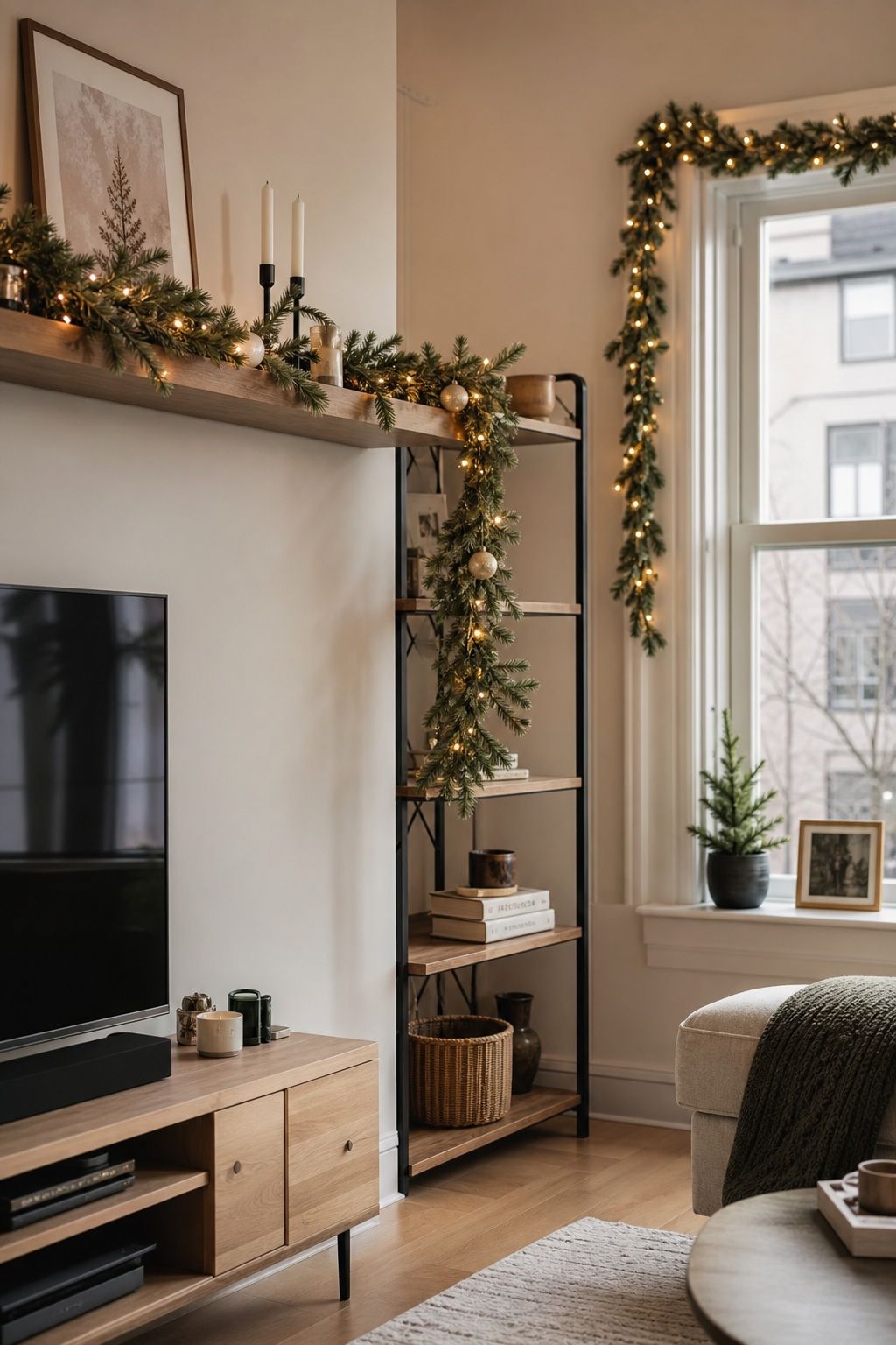 Add Garland Where the Eye Travels small apartment idea for Top 19 Christmas Decor Ideas for the Living Room in Small Apartments.