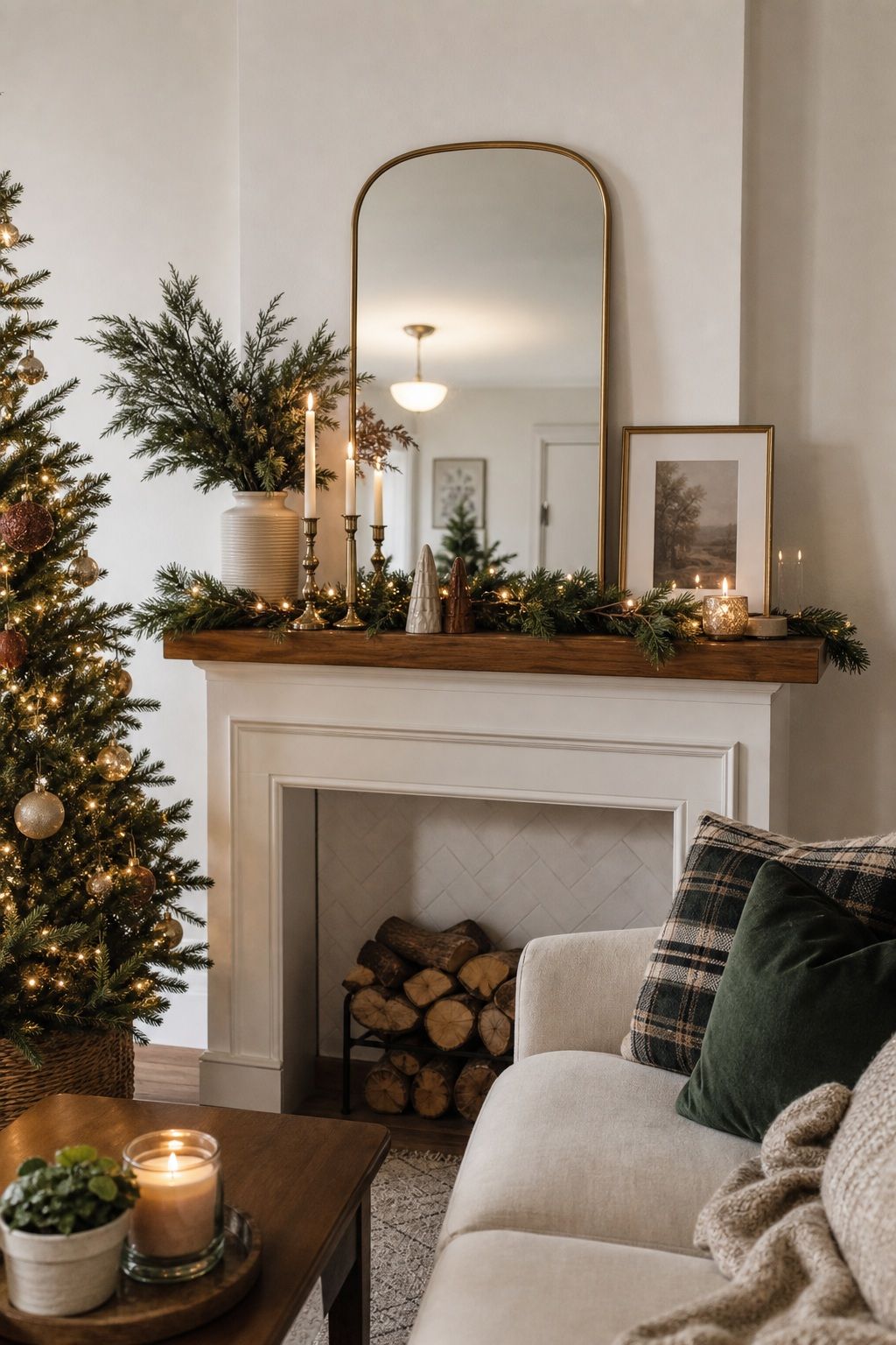 Layer the Mantel in Three Heights small apartment idea for Top 19 Christmas Decor Ideas for the Living Room in Small Apartments.