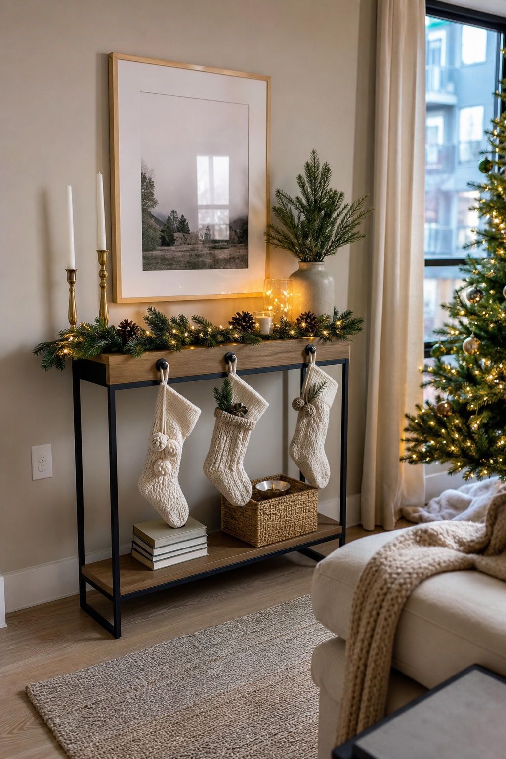 Give a Mantel-Less Room a Stand-In small apartment idea for Top 19 Christmas Decor Ideas for the Living Room in Small Apartments.