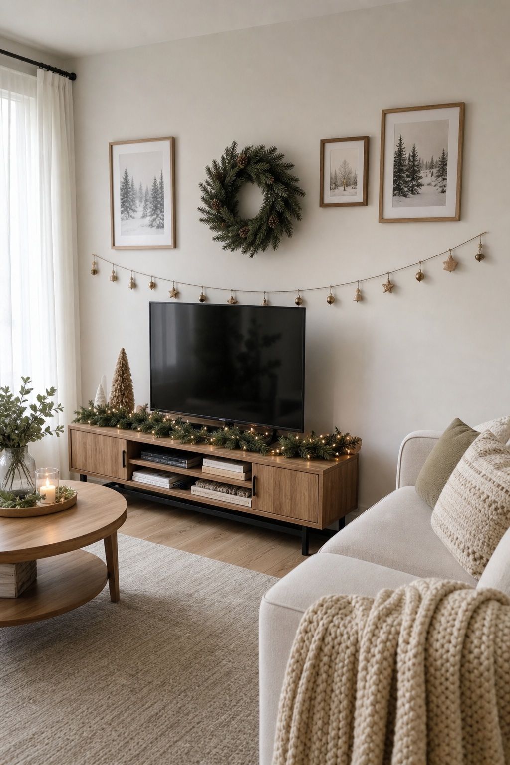 Decorate the Wall Behind the Focal Point small apartment idea for Top 19 Christmas Decor Ideas for the Living Room in Small Apartments.