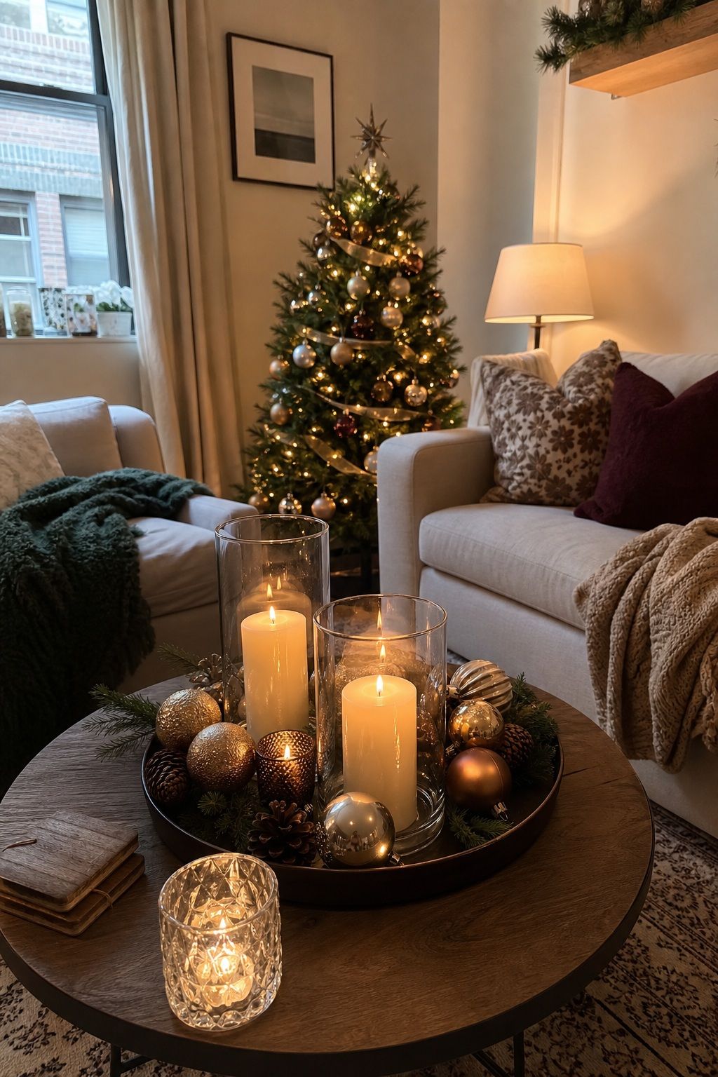 Use Candlelight to Warm the Zone small apartment idea for Top 19 Christmas Decor Ideas for the Living Room in Small Apartments.