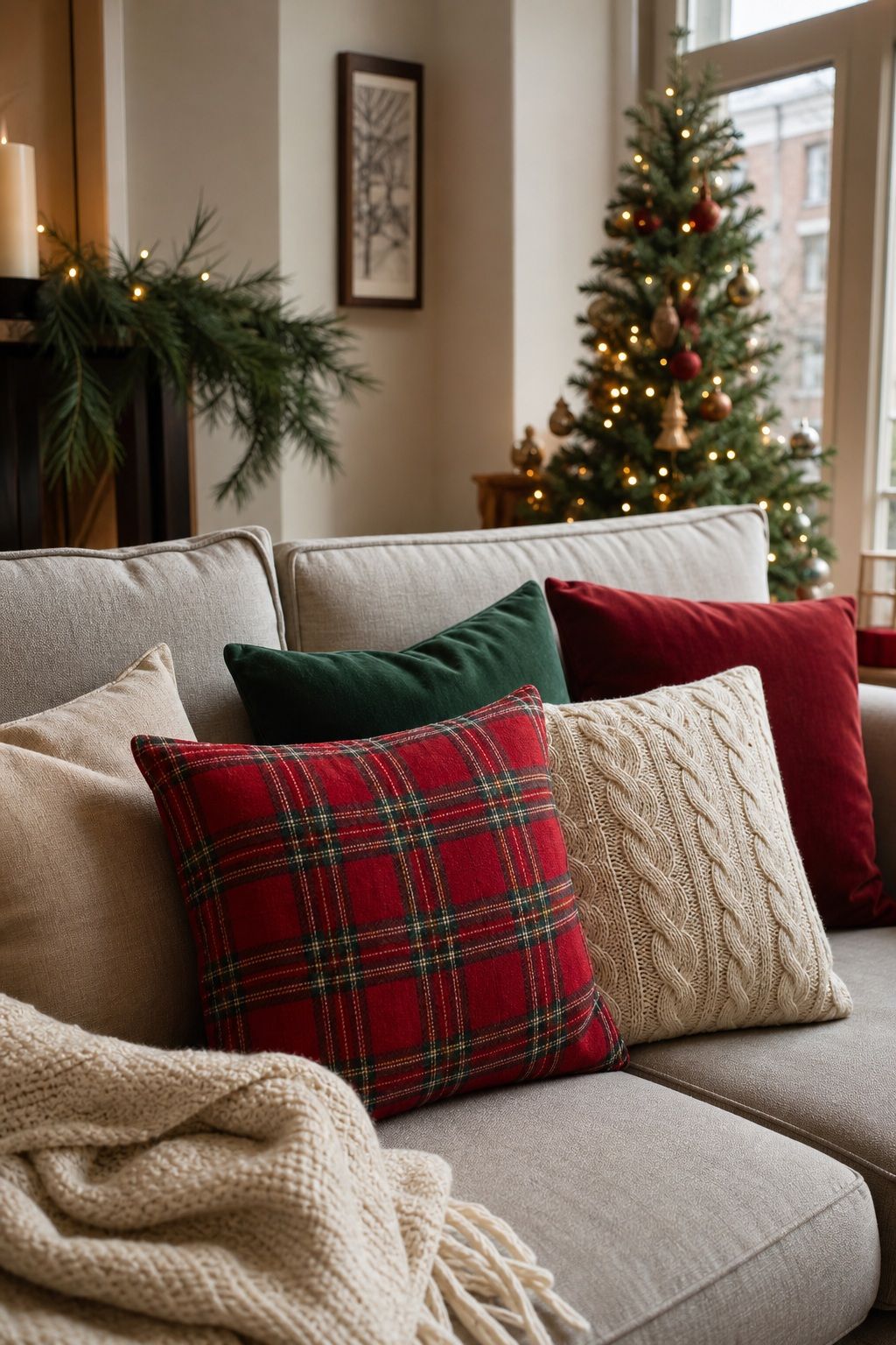 Swap in Holiday Pillow Covers small apartment idea for Top 19 Christmas Decor Ideas for the Living Room in Small Apartments.