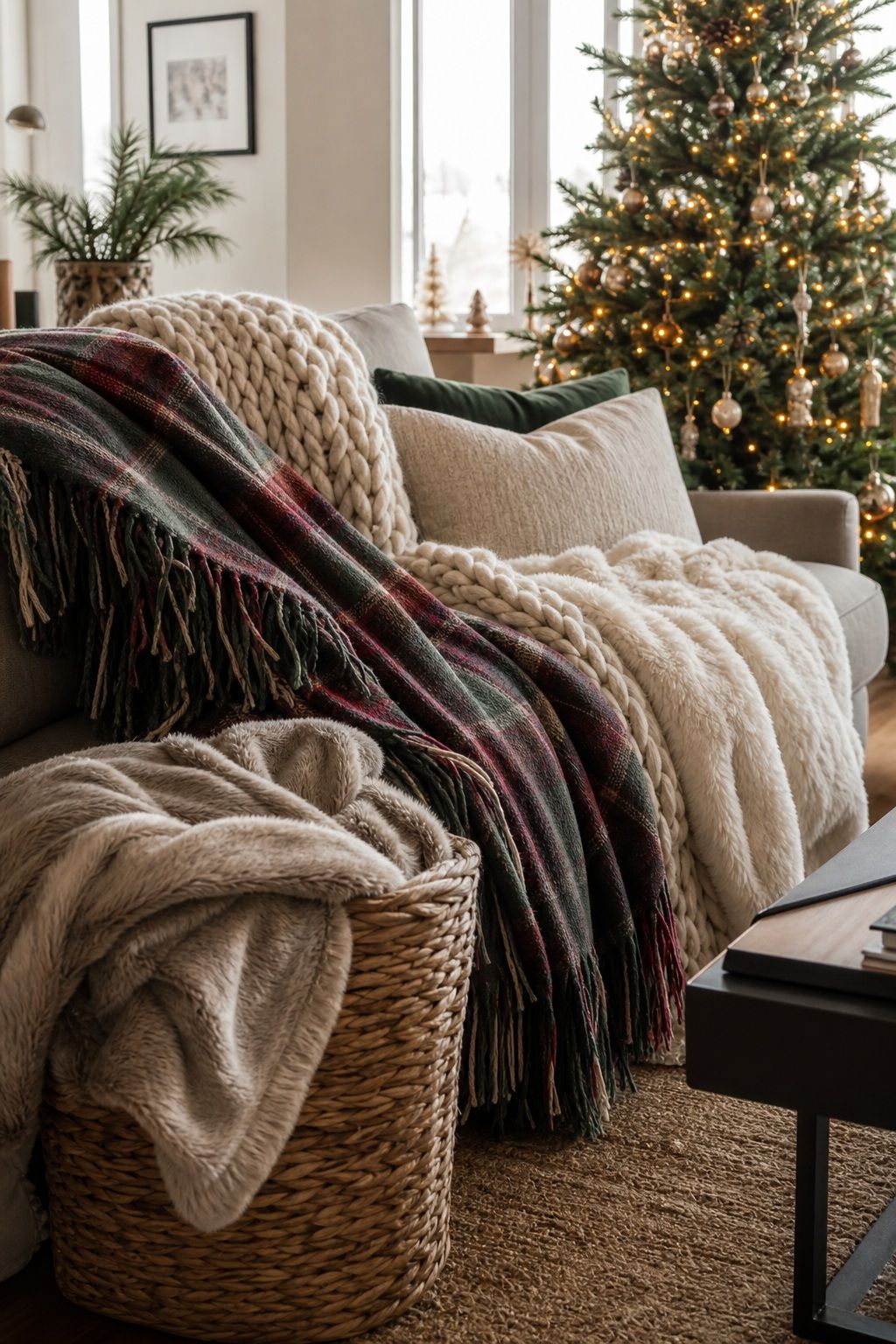 Layer Throws for Warmth and Texture small apartment idea for Top 19 Christmas Decor Ideas for the Living Room in Small Apartments.