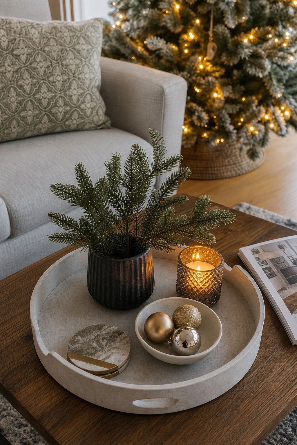 Style the Coffee Table With a Tray small apartment idea for Top 19 Christmas Decor Ideas for the Living Room in Small Apartments.
