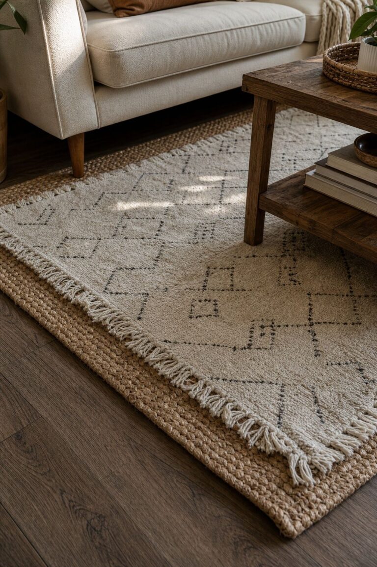 A Layered Jute and Cotton Rug Combination small apartment idea for Top 17 Boho Summer Decor Ideas for a Warm, Laid-Back Apartment.