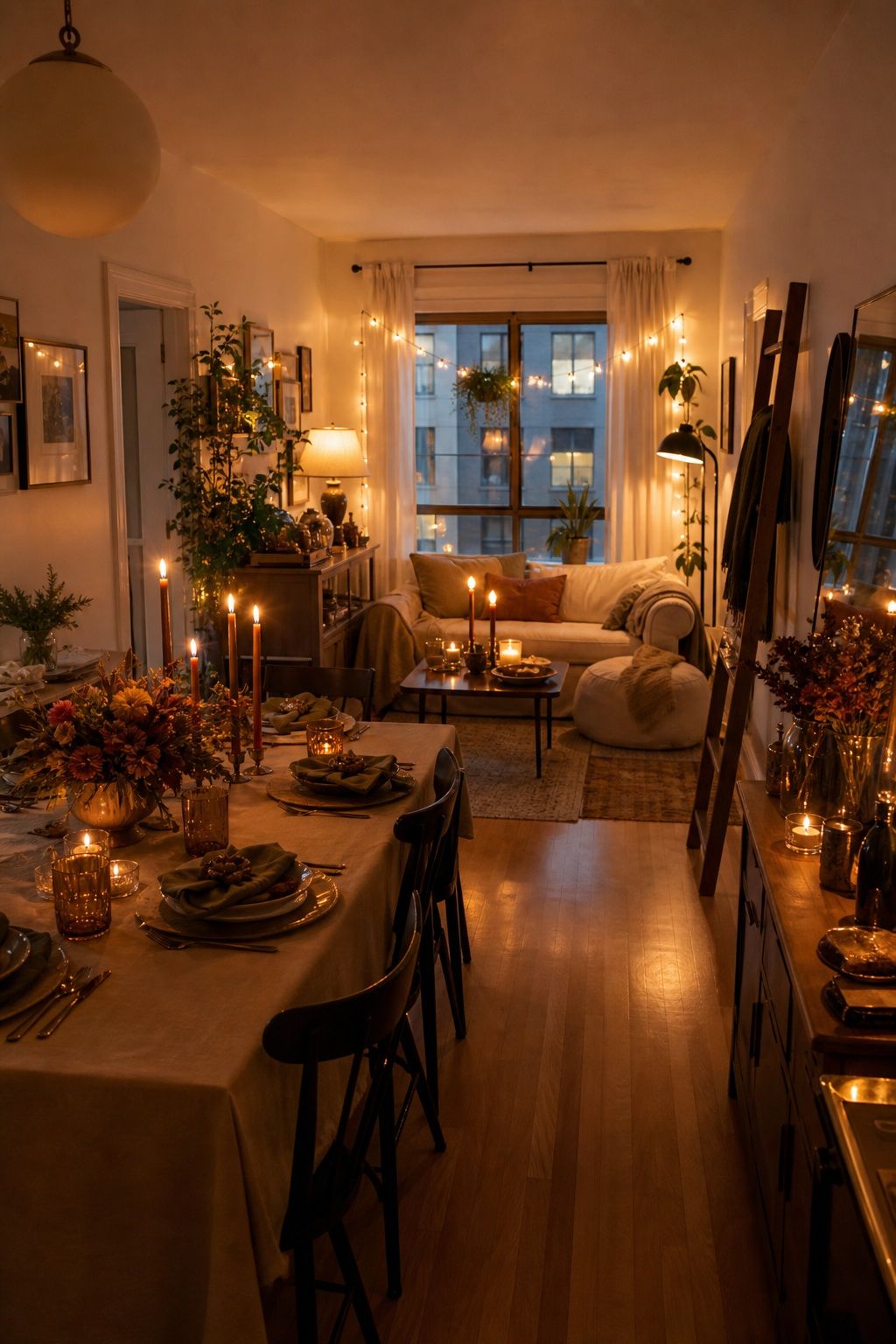 Build Warm, Layered Lighting Through the Room small apartment idea for Top 17 Chic Friendsgiving Decor Ideas for Small Apartments.