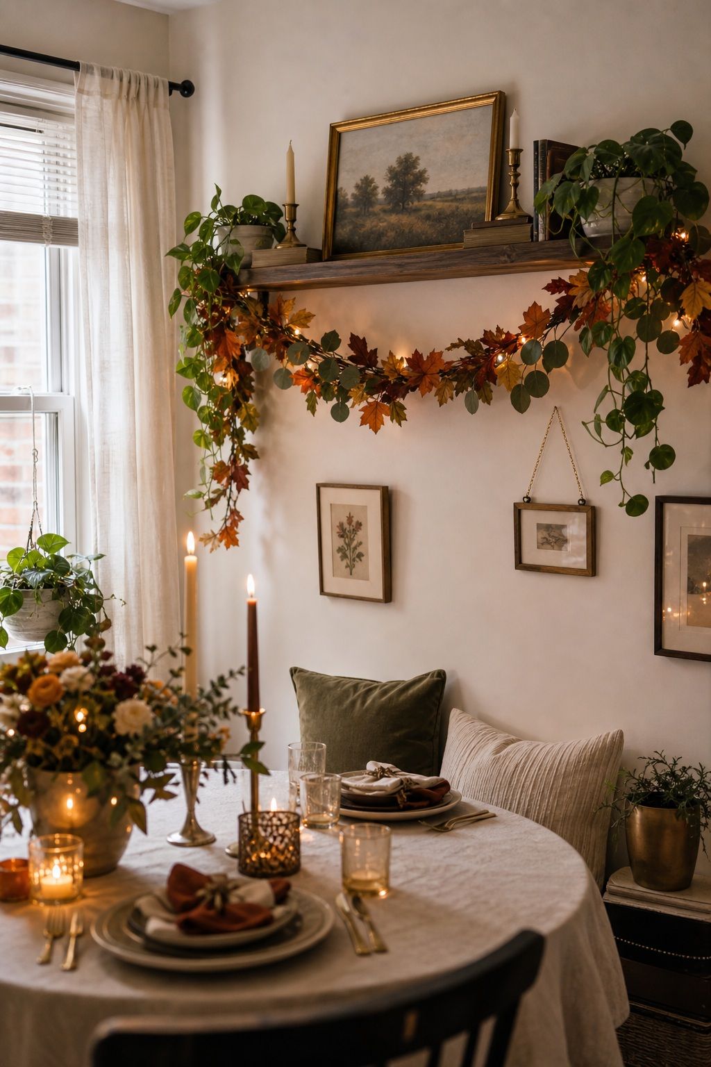 Hang Fall Garland and Soft Greenery small apartment idea for Top 17 Chic Friendsgiving Decor Ideas for Small Apartments.