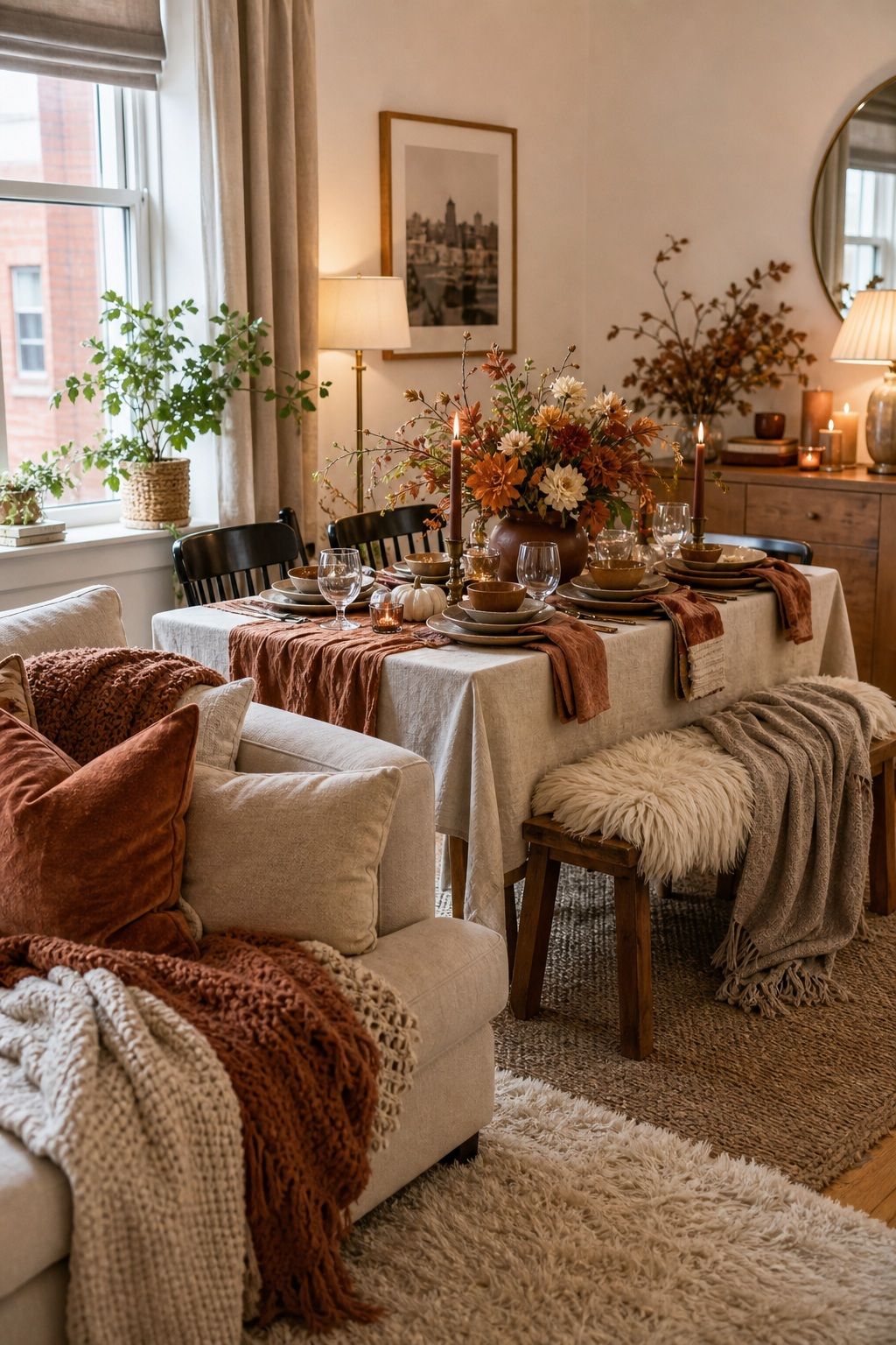 Layer in Soft Textiles Around the Room small apartment idea for Top 17 Chic Friendsgiving Decor Ideas for Small Apartments.