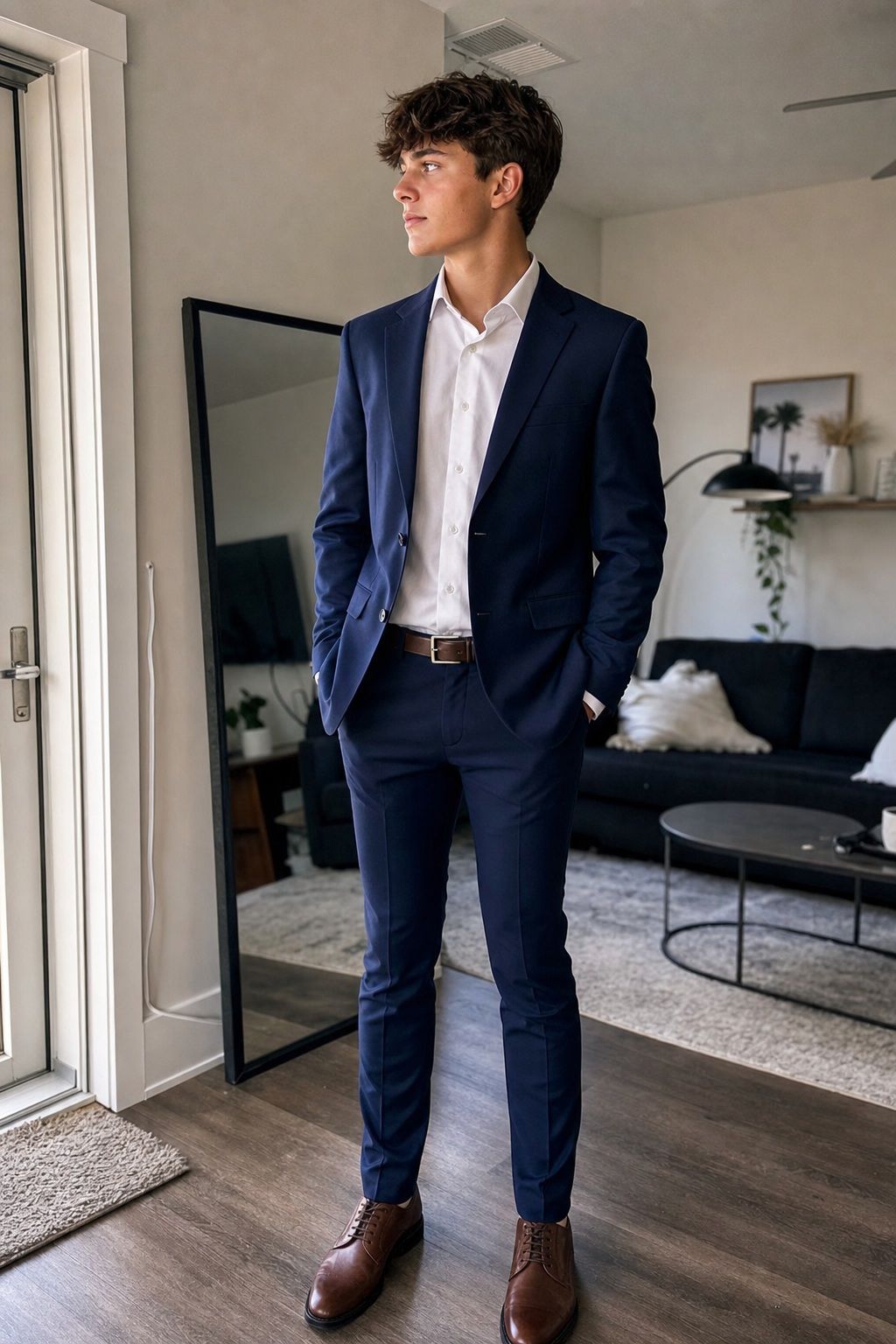 Navy Slim-Fit Suit with White Shirt small apartment idea for Top 17 Graduation Outfit Ideas for High School Students to Look Their Best.